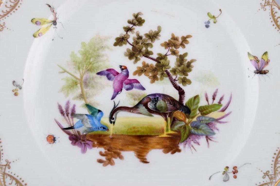 Antique and rare Meissen porcelain plate with hand-painted birds, insects and gold decoration. 
19th century.
Diameter: 24.5 cm.
In excellent condition.
Stamped.
3rd factory quality.