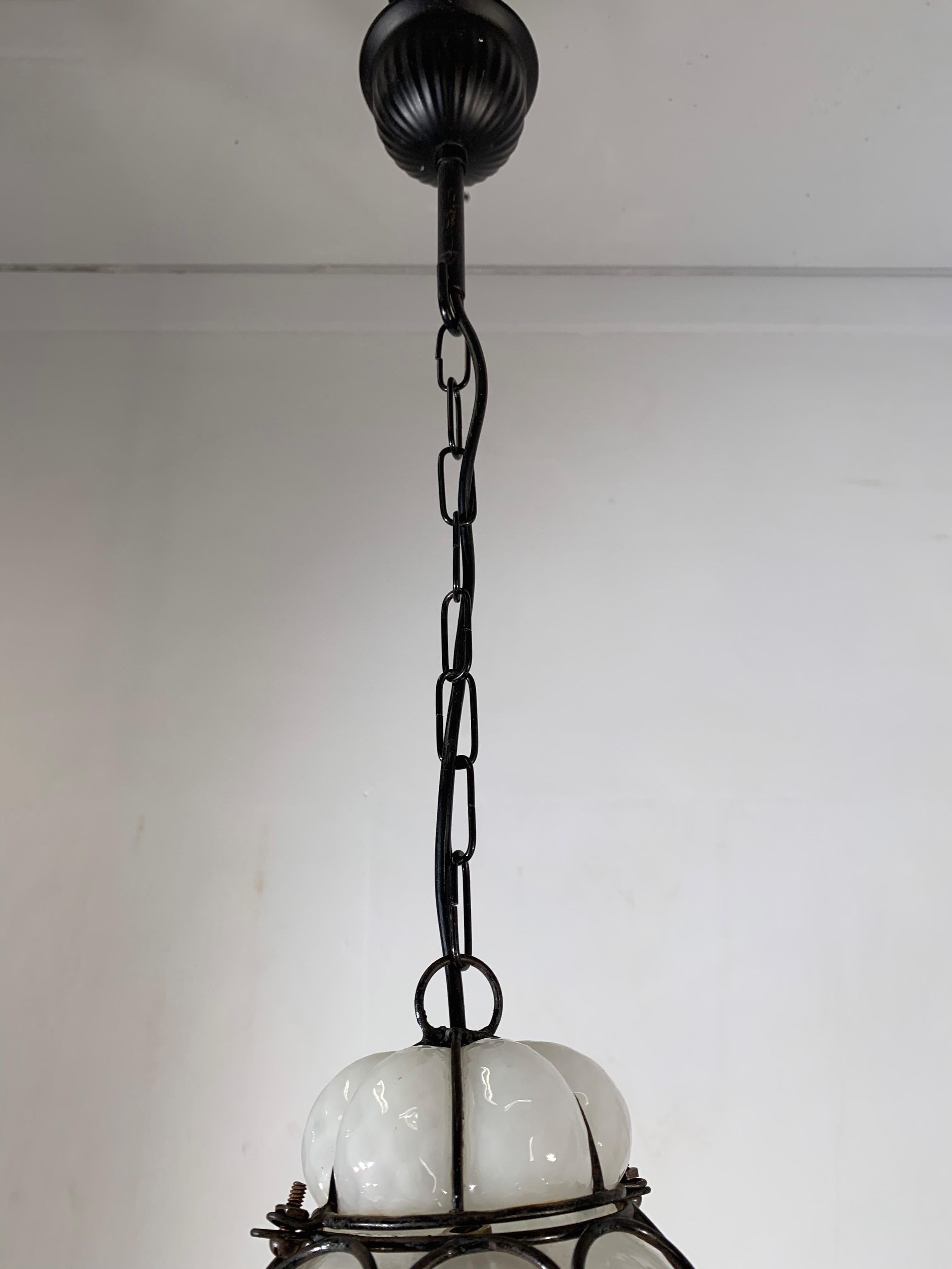 Antique and Rare Venetian Mouth Blown Frosted Glass in Metal Frame Pendant Light 8