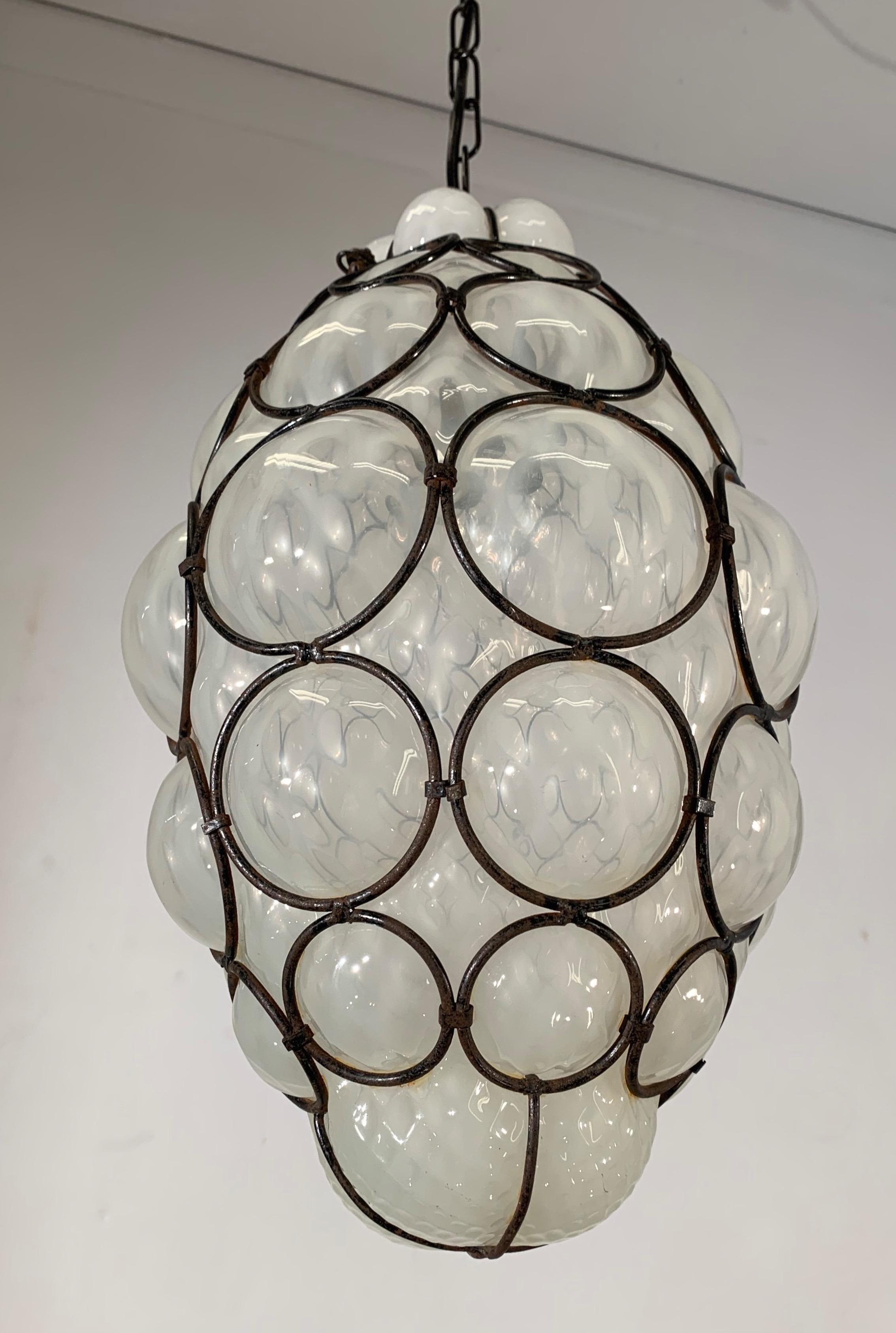 Antique and Rare Venetian Mouth Blown Frosted Glass in Metal Frame Pendant Light 9