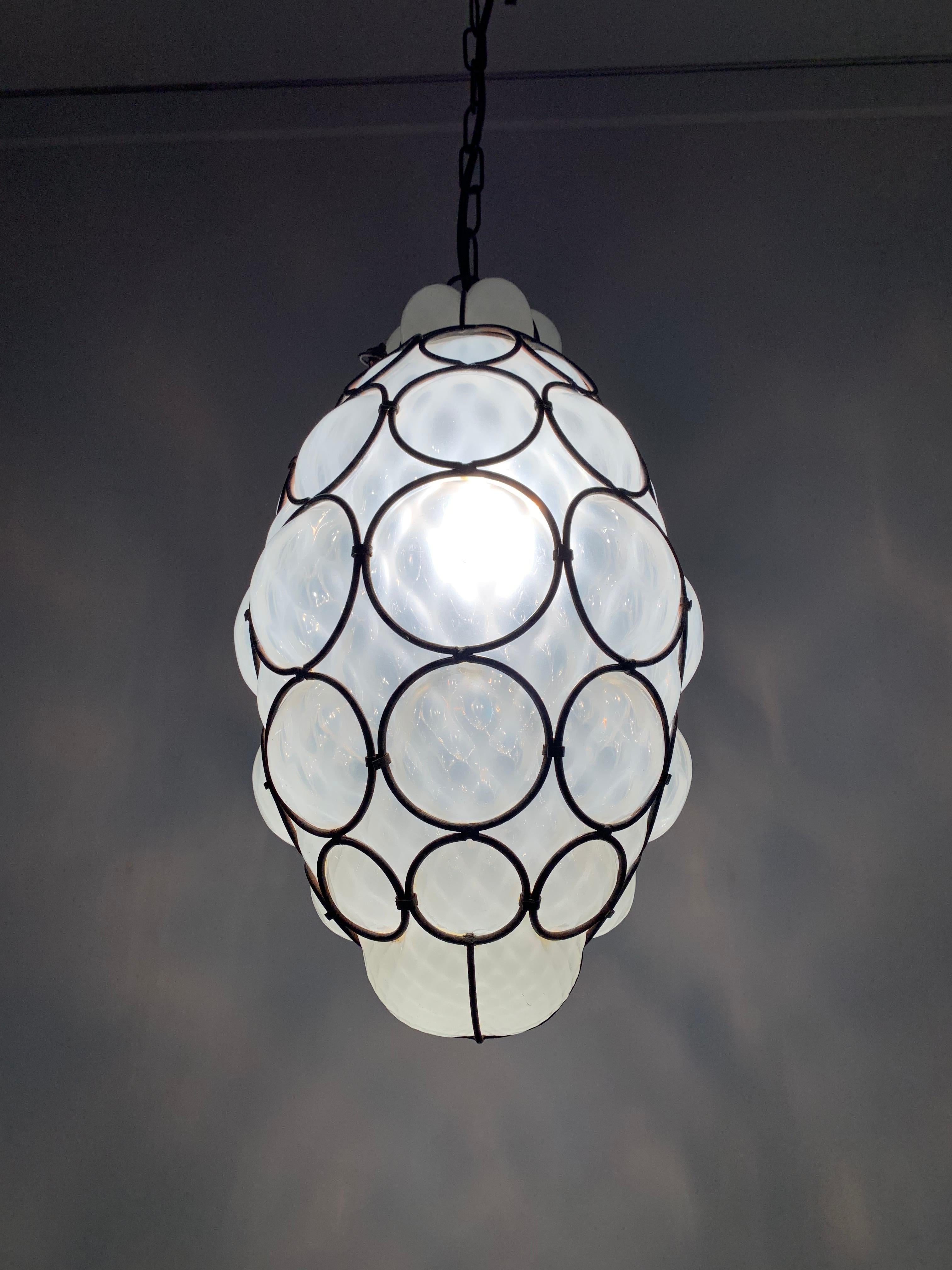 Arts and Crafts Antique and Rare Venetian Mouth Blown Frosted Glass in Metal Frame Pendant Light