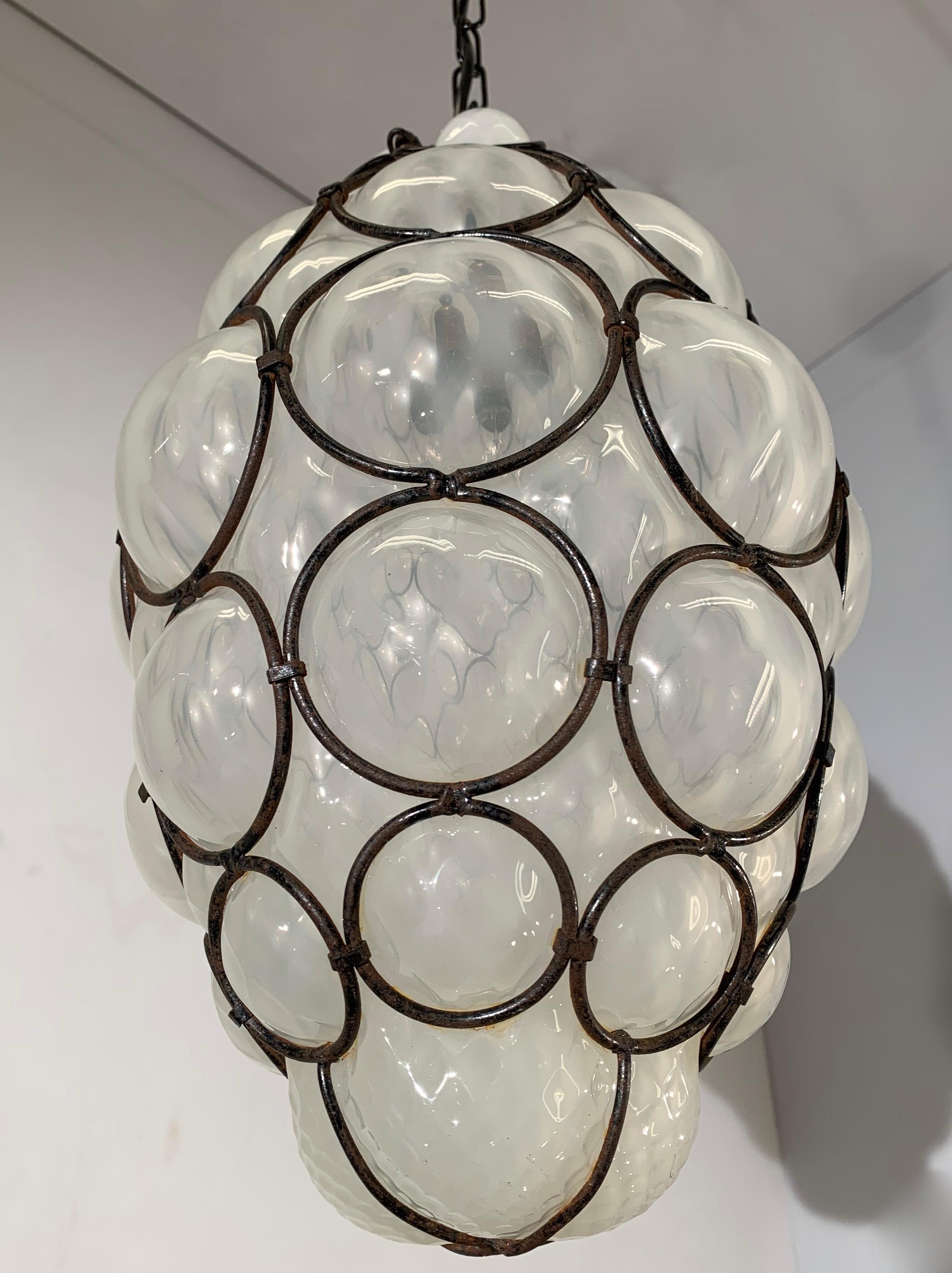 Hand-Crafted Antique and Rare Venetian Mouth Blown Frosted Glass in Metal Frame Pendant Light