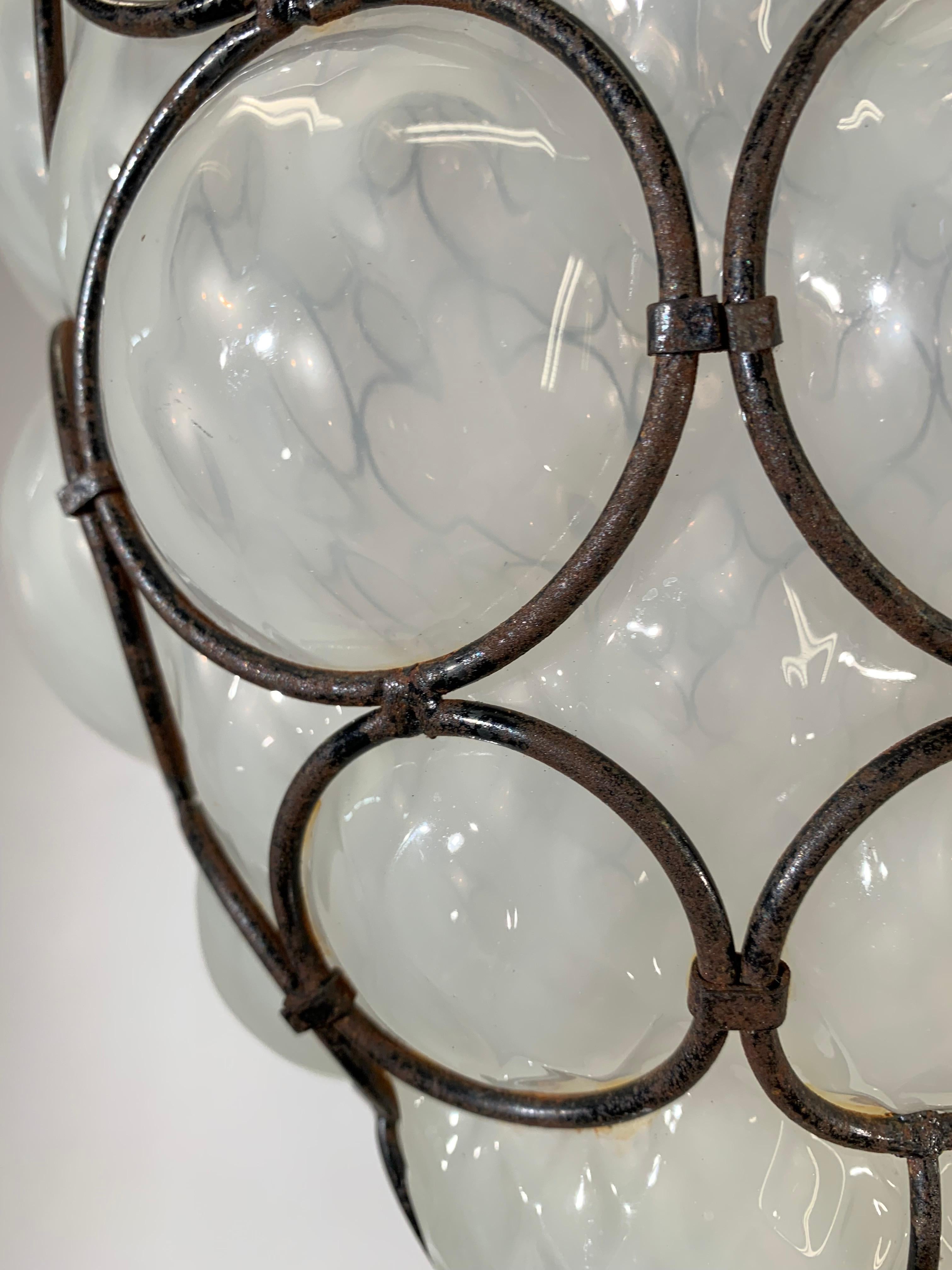 Antique and Rare Venetian Mouth Blown Frosted Glass in Metal Frame Pendant Light In Excellent Condition In Lisse, NL