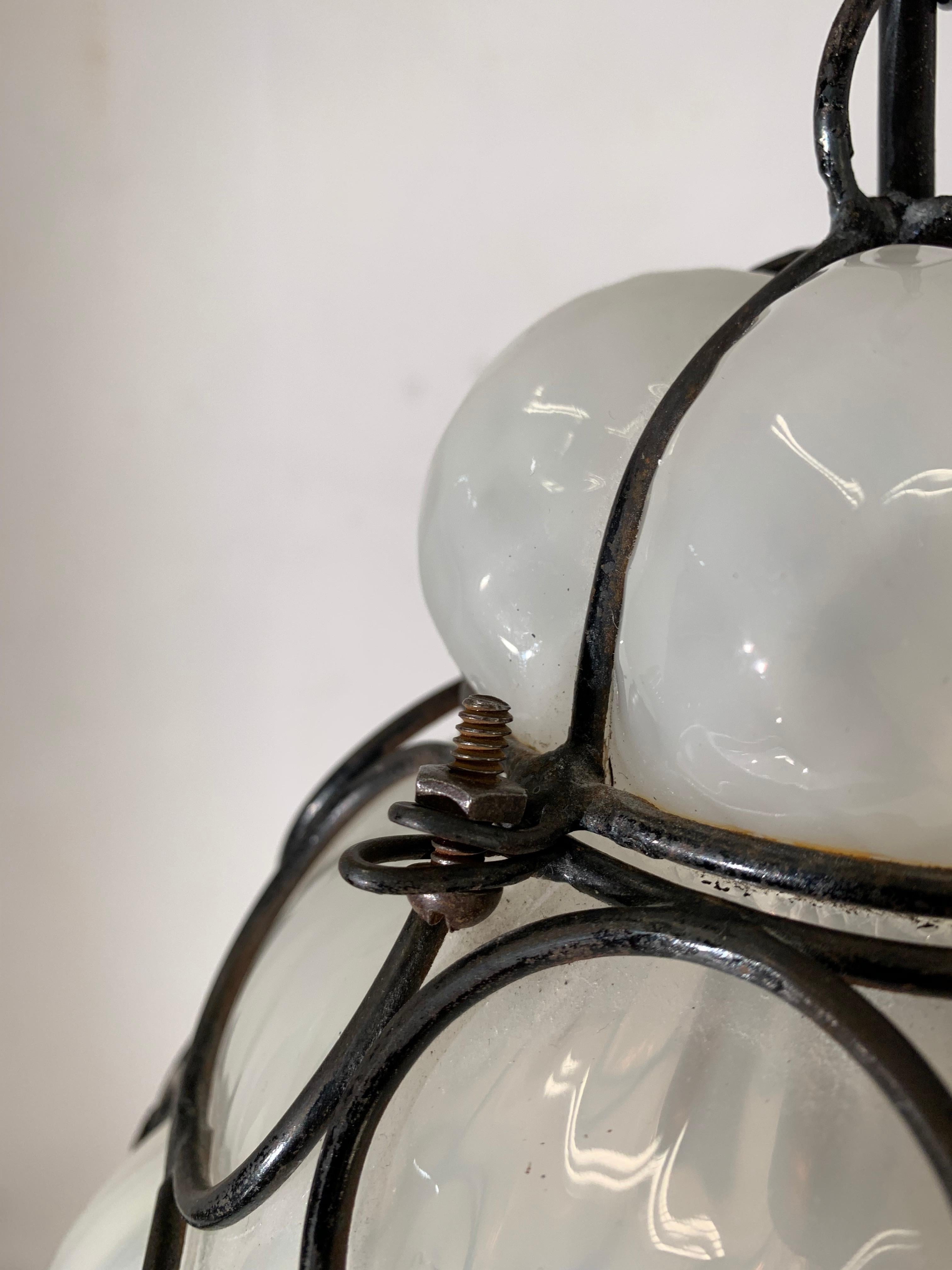 20th Century Antique and Rare Venetian Mouth Blown Frosted Glass in Metal Frame Pendant Light