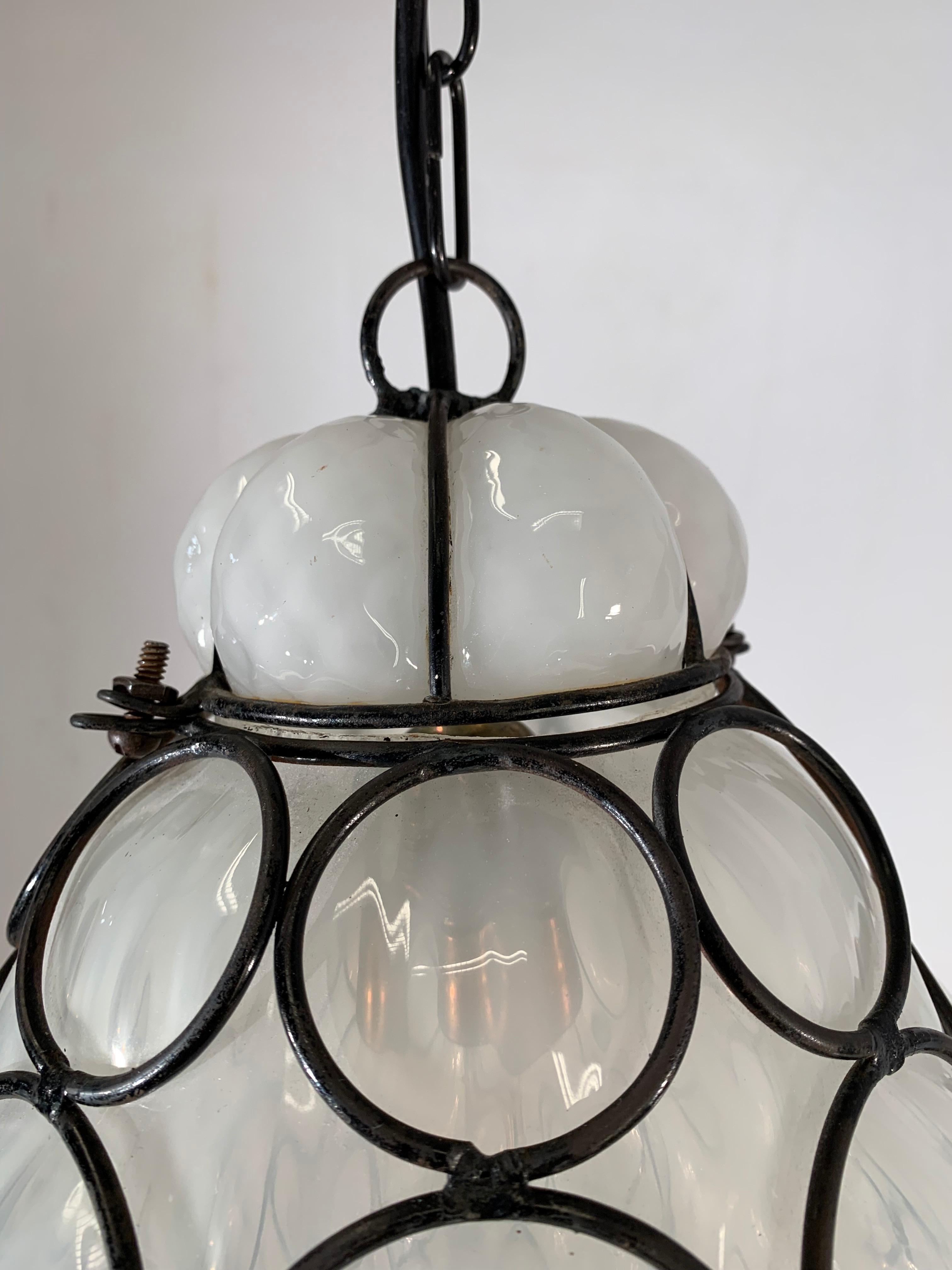 Antique and Rare Venetian Mouth Blown Frosted Glass in Metal Frame Pendant Light 1
