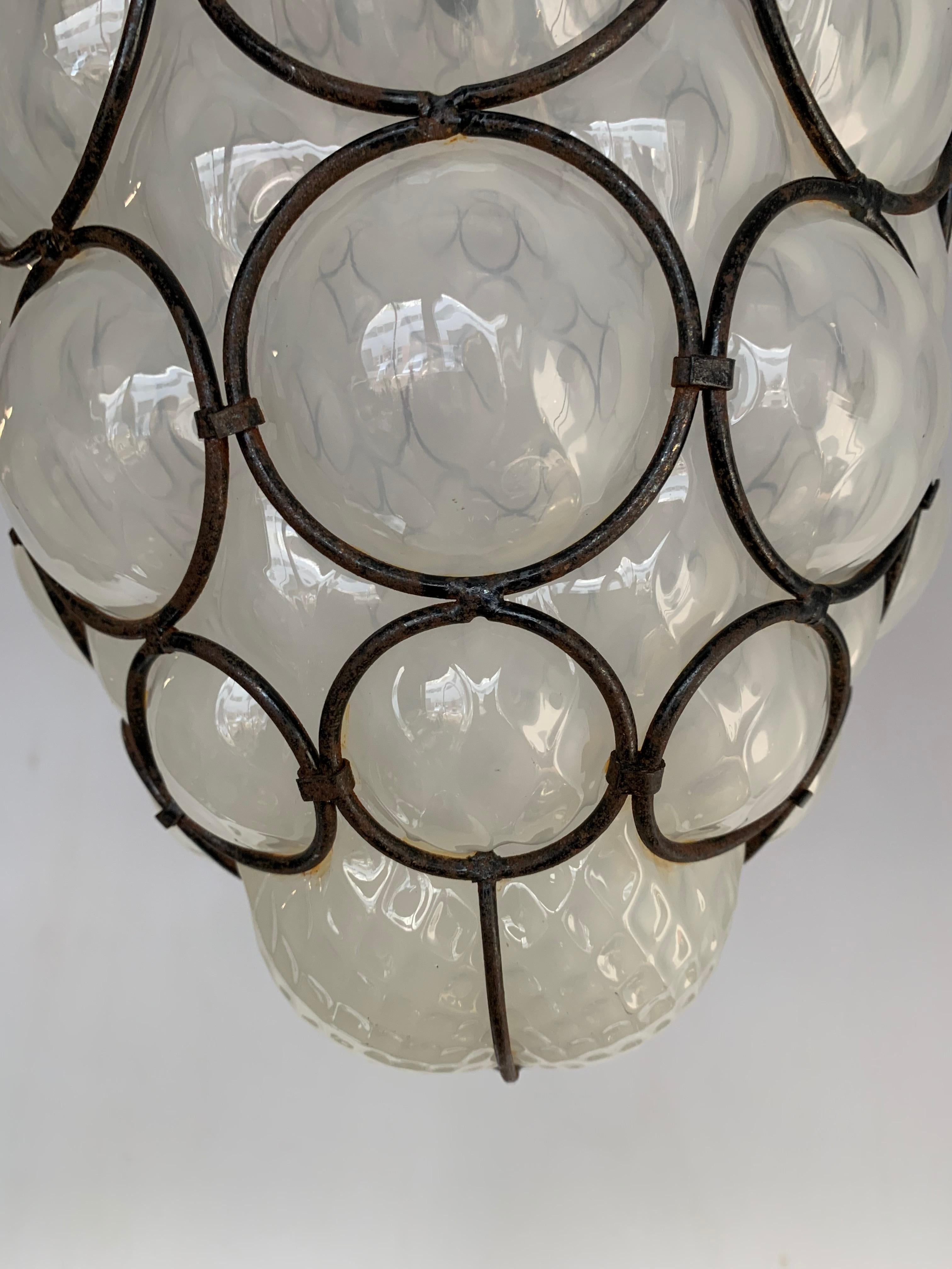 Antique and Rare Venetian Mouth Blown Frosted Glass in Metal Frame Pendant Light 2