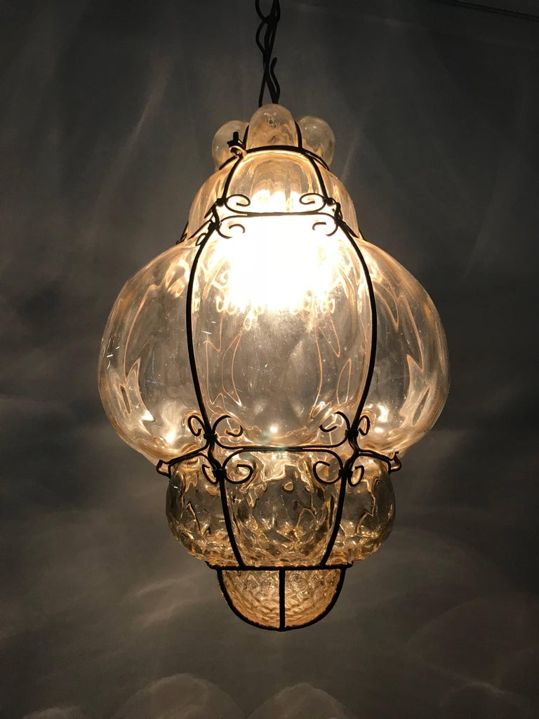 Antique and Rare Mouth Blown Glass in Metal Frame Pendant