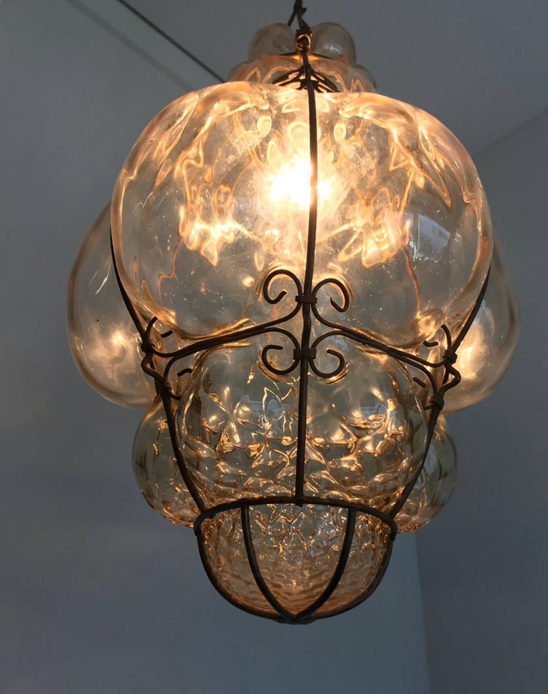 Antique and Rare Venetian Mouth Blown Glass in Metal Frame Pendant