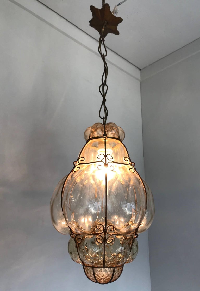 Antique and Rare Venetian Mouth Blown Glass in Metal Frame Pendant