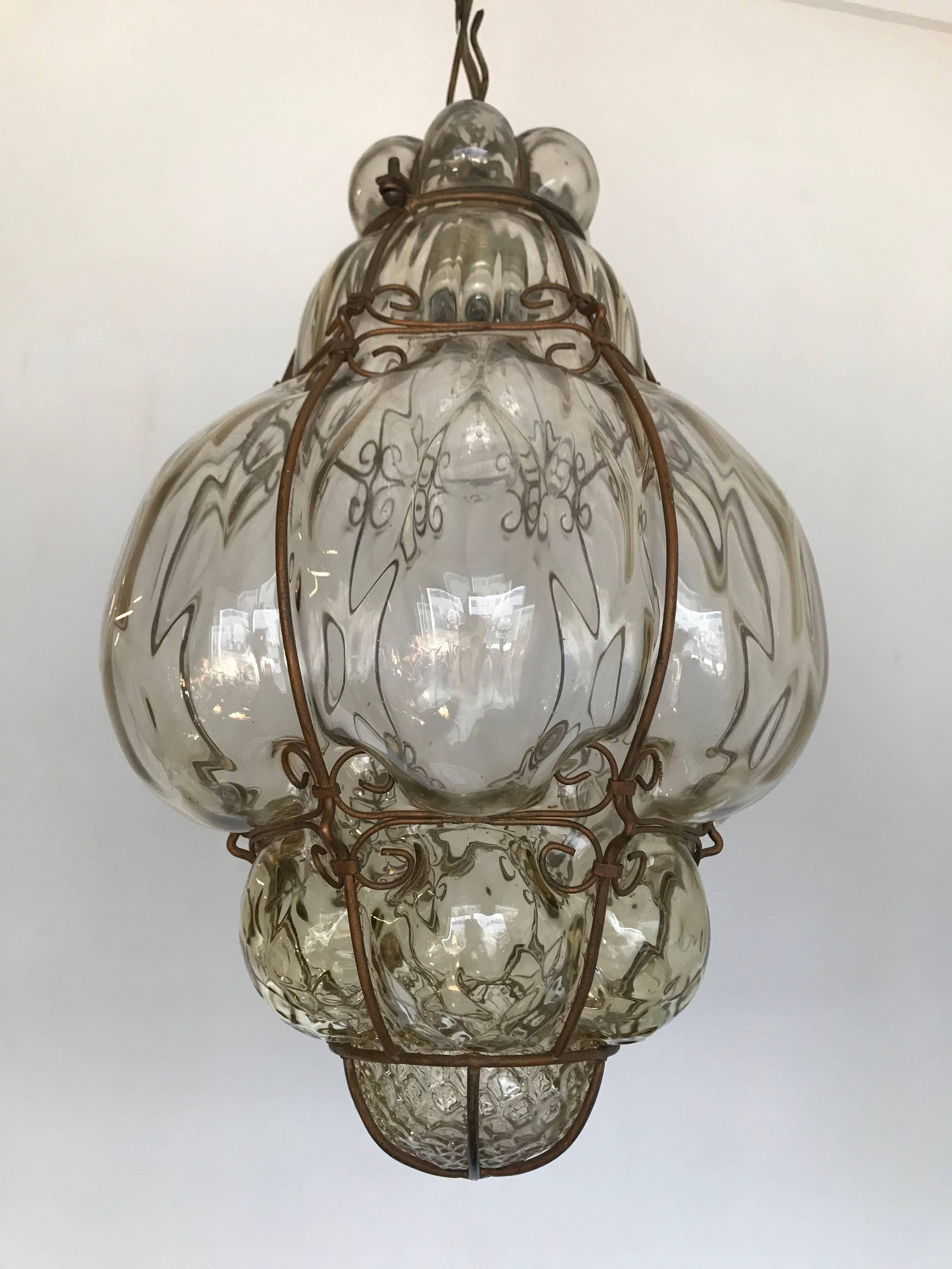 Arts and Crafts Antique and Rare Venetian Mouth Blown Glass in Metal Frame Pendant / Chandelier