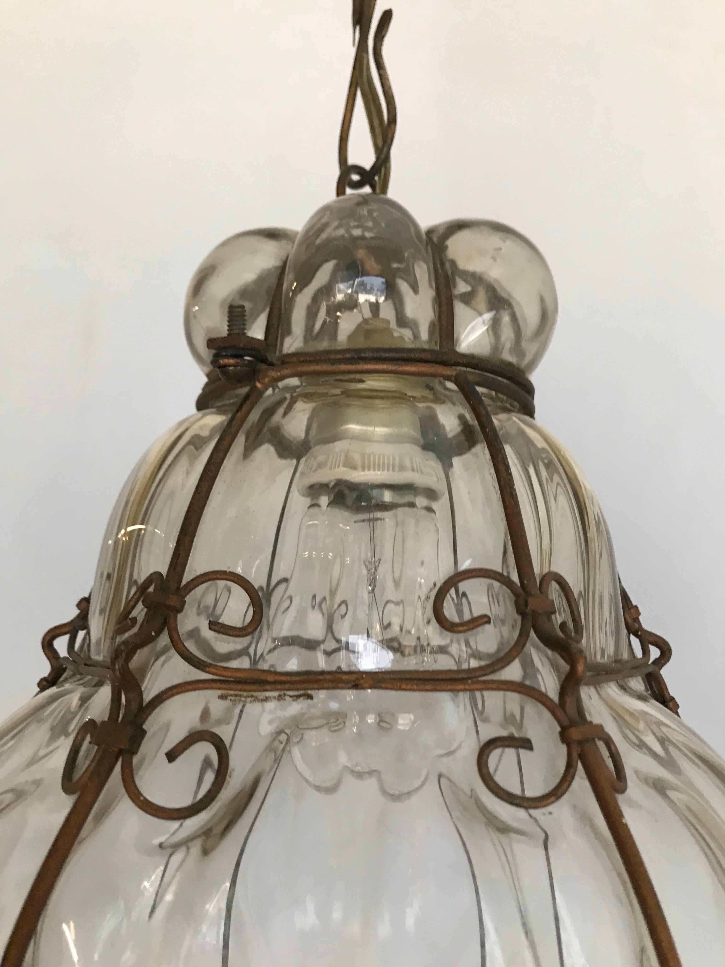 Italian Antique and Rare Venetian Mouth Blown Glass in Metal Frame Pendant / Chandelier