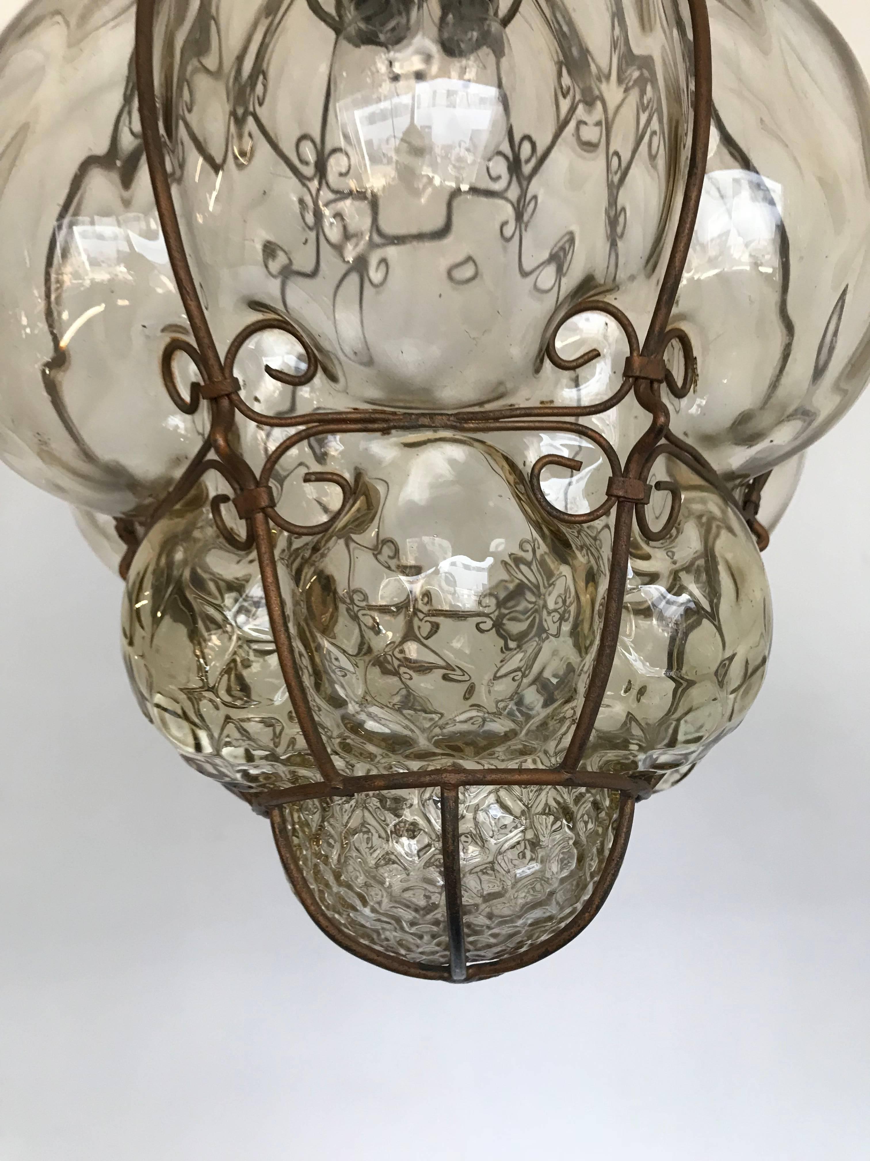 Hand-Crafted Antique and Rare Venetian Mouth Blown Glass in Metal Frame Pendant / Chandelier