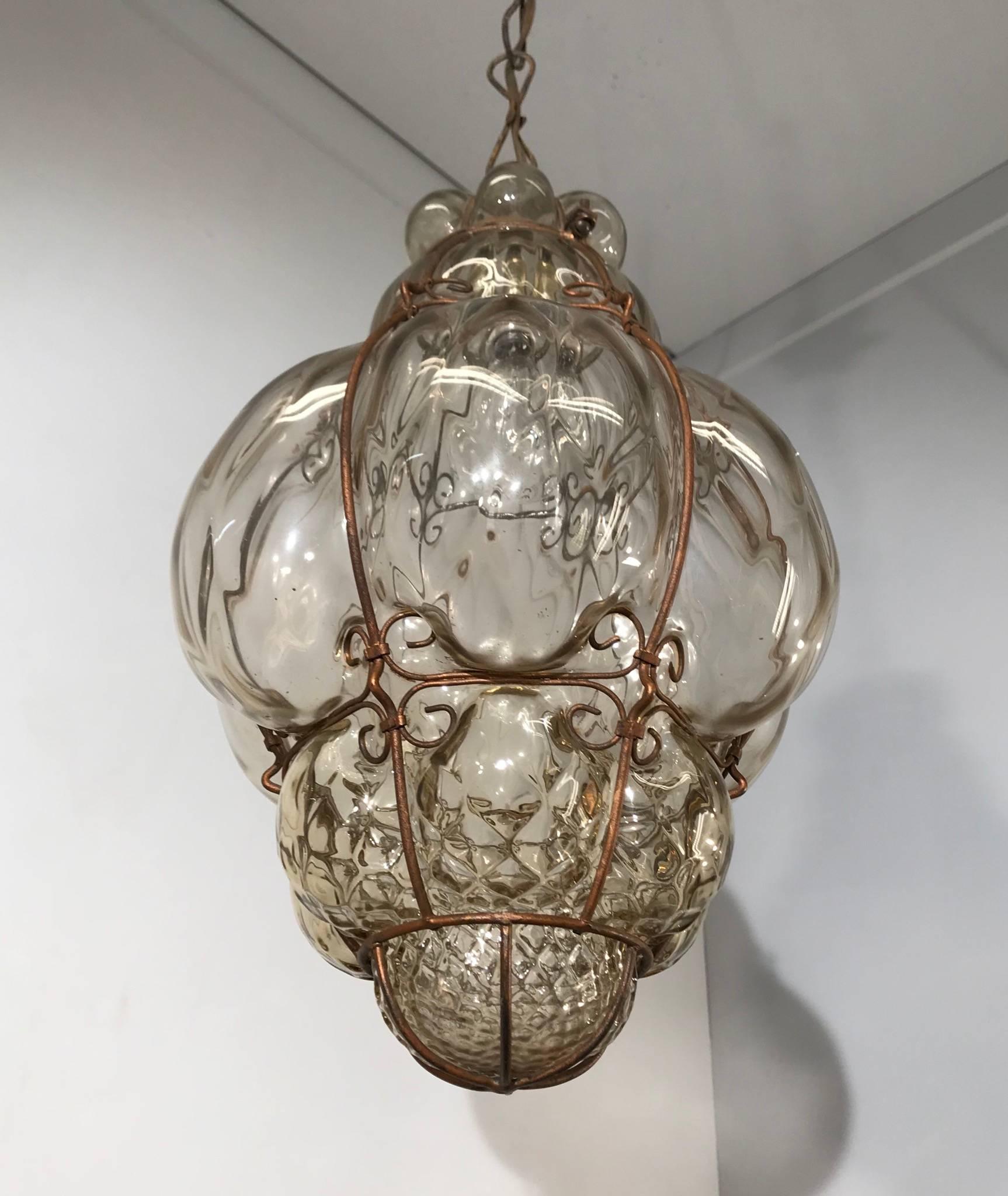 Antique and Rare Venetian Mouth Blown Glass in Metal Frame Pendant / Chandelier In Excellent Condition In Lisse, NL
