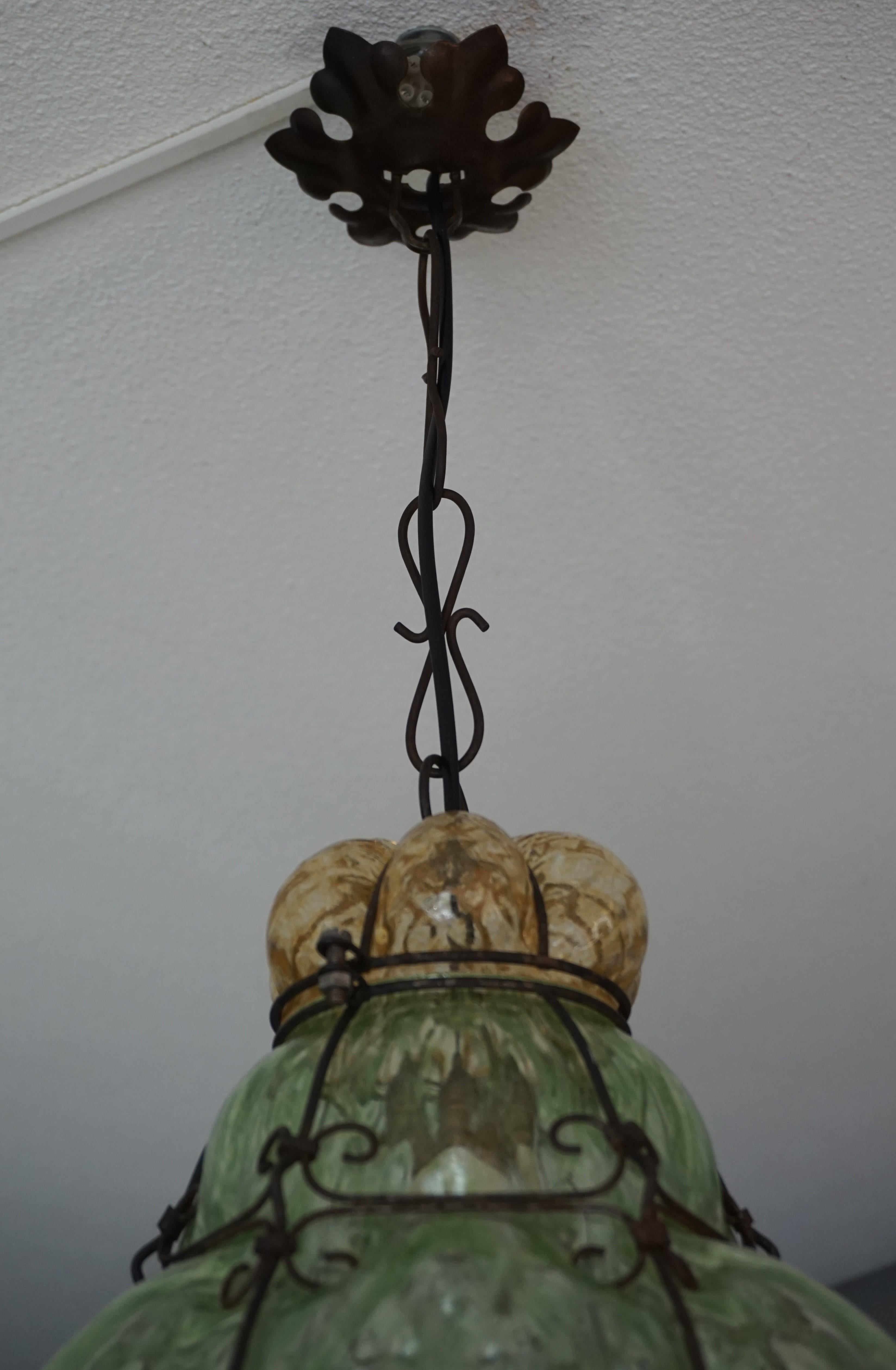 20th Century Antique and Rare Venetian Mouth Blown Green and Amber Glass Pendant / Chandelier For Sale