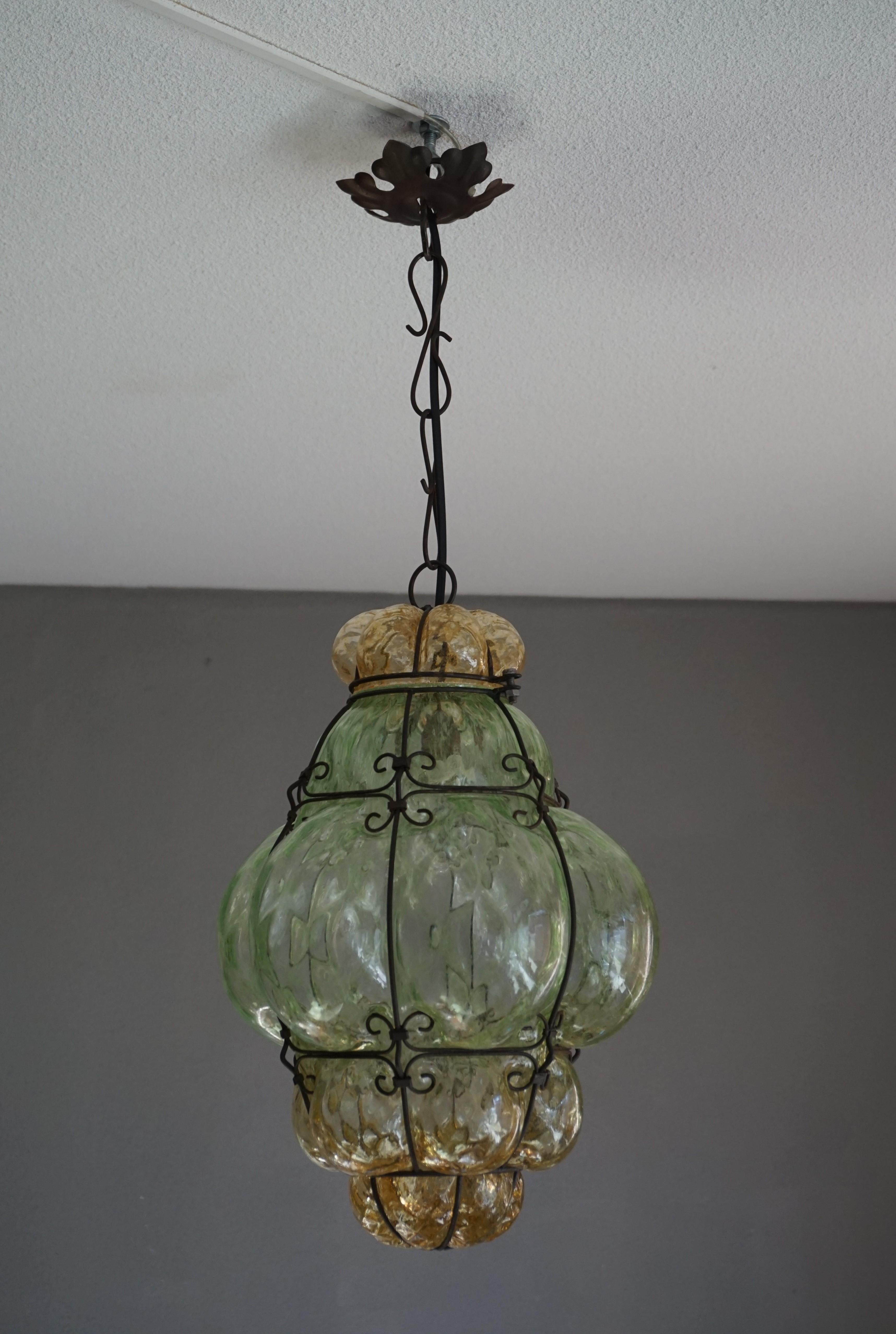 Metal Antique and Rare Venetian Mouth Blown Green and Amber Glass Pendant / Chandelier For Sale