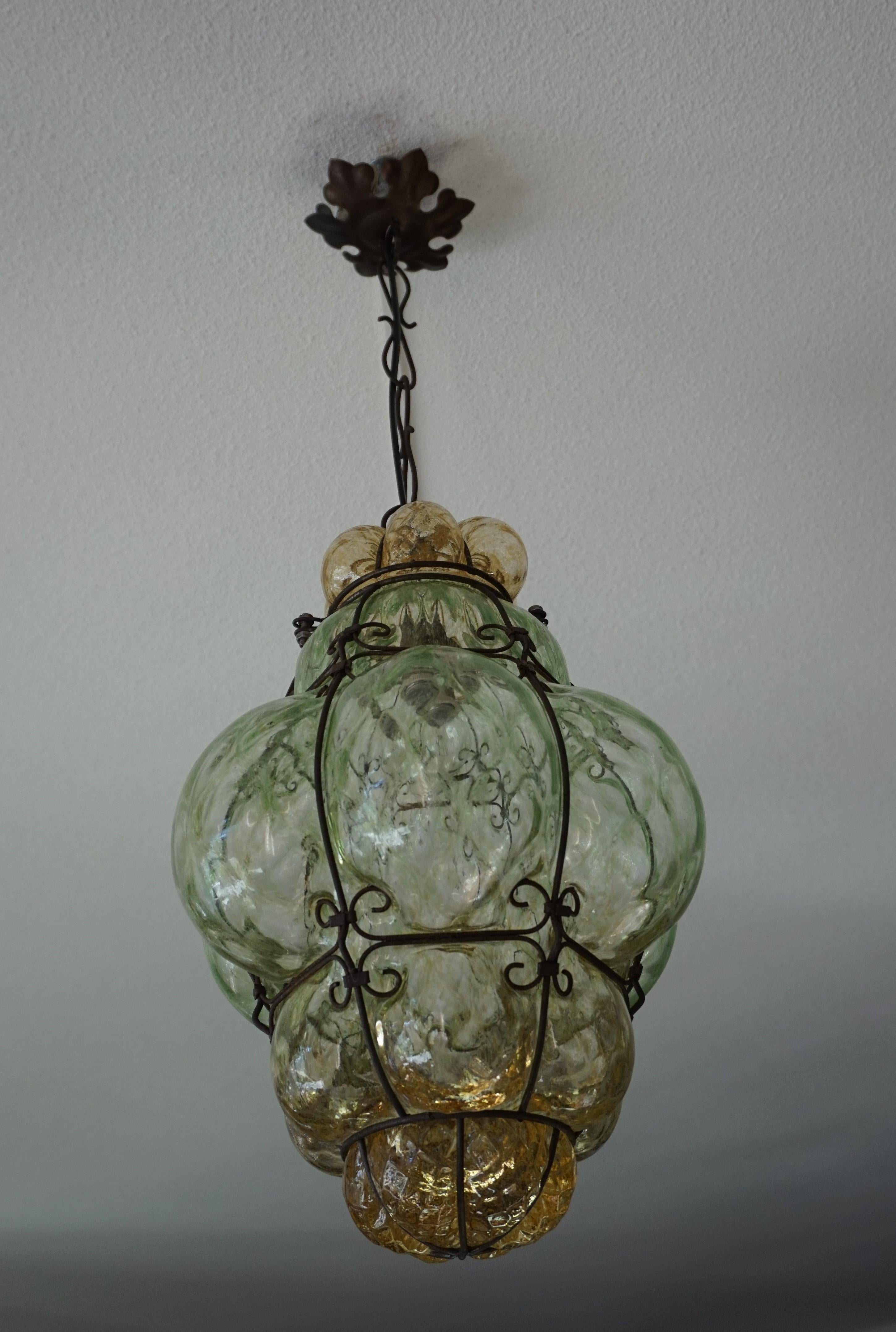 Antique and Rare Venetian Mouth Blown Green and Amber Glass Pendant / Chandelier For Sale 4