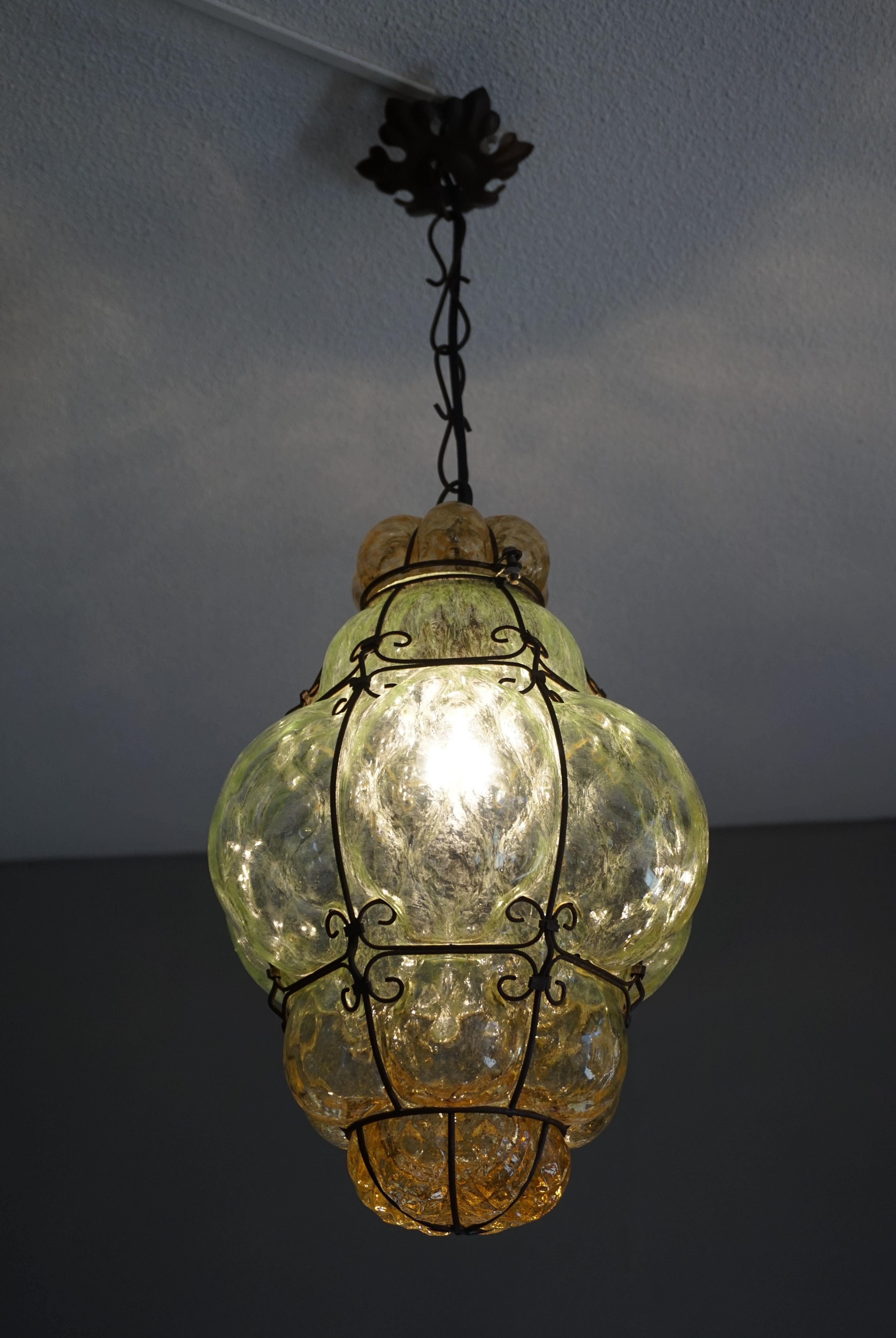 Antique and Rare Venetian Mouth Blown Green and Amber Glass Pendant / Chandelier For Sale 7