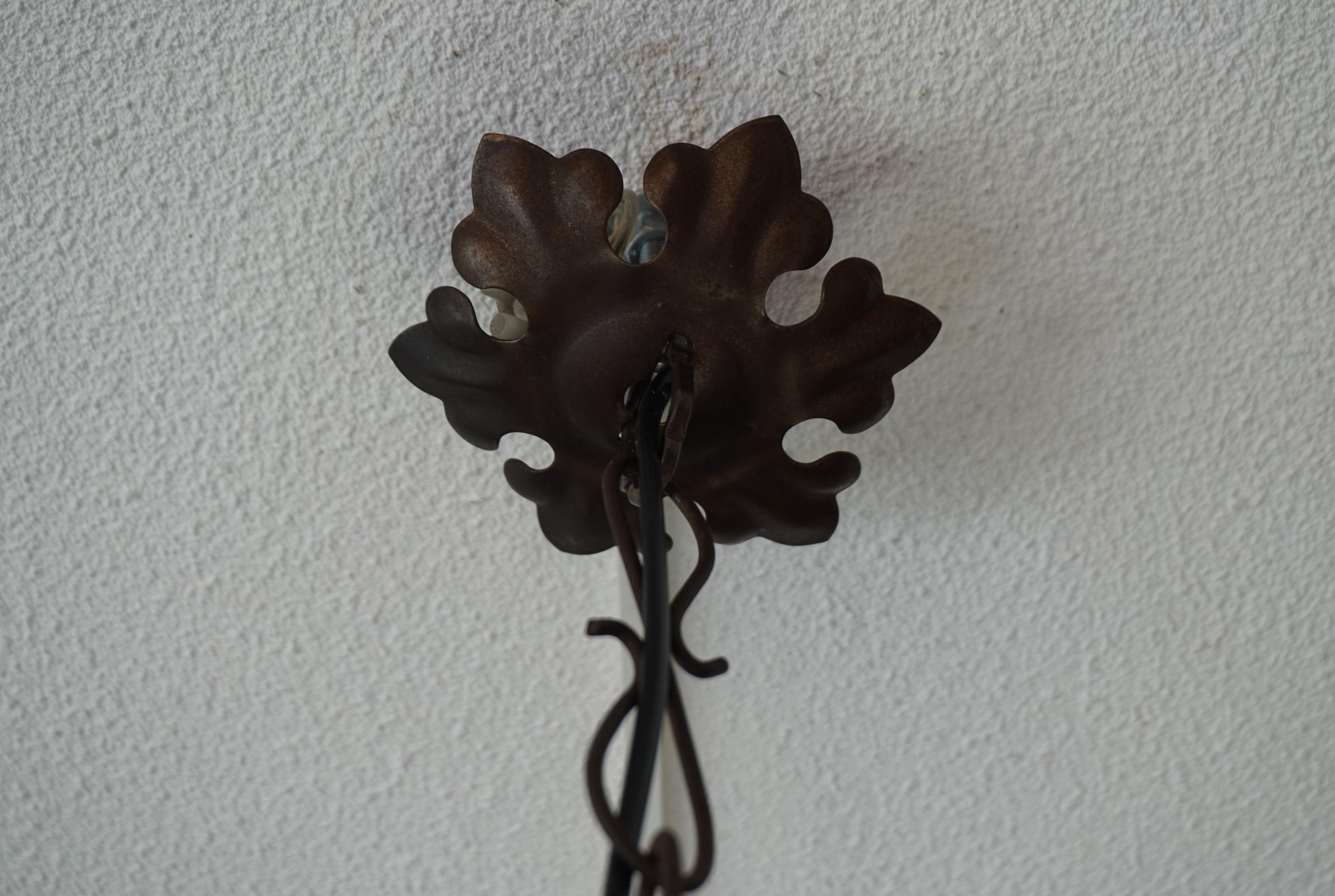 Arts and Crafts Antique and Rare Venetian Mouth Blown Green and Amber Glass Pendant / Chandelier