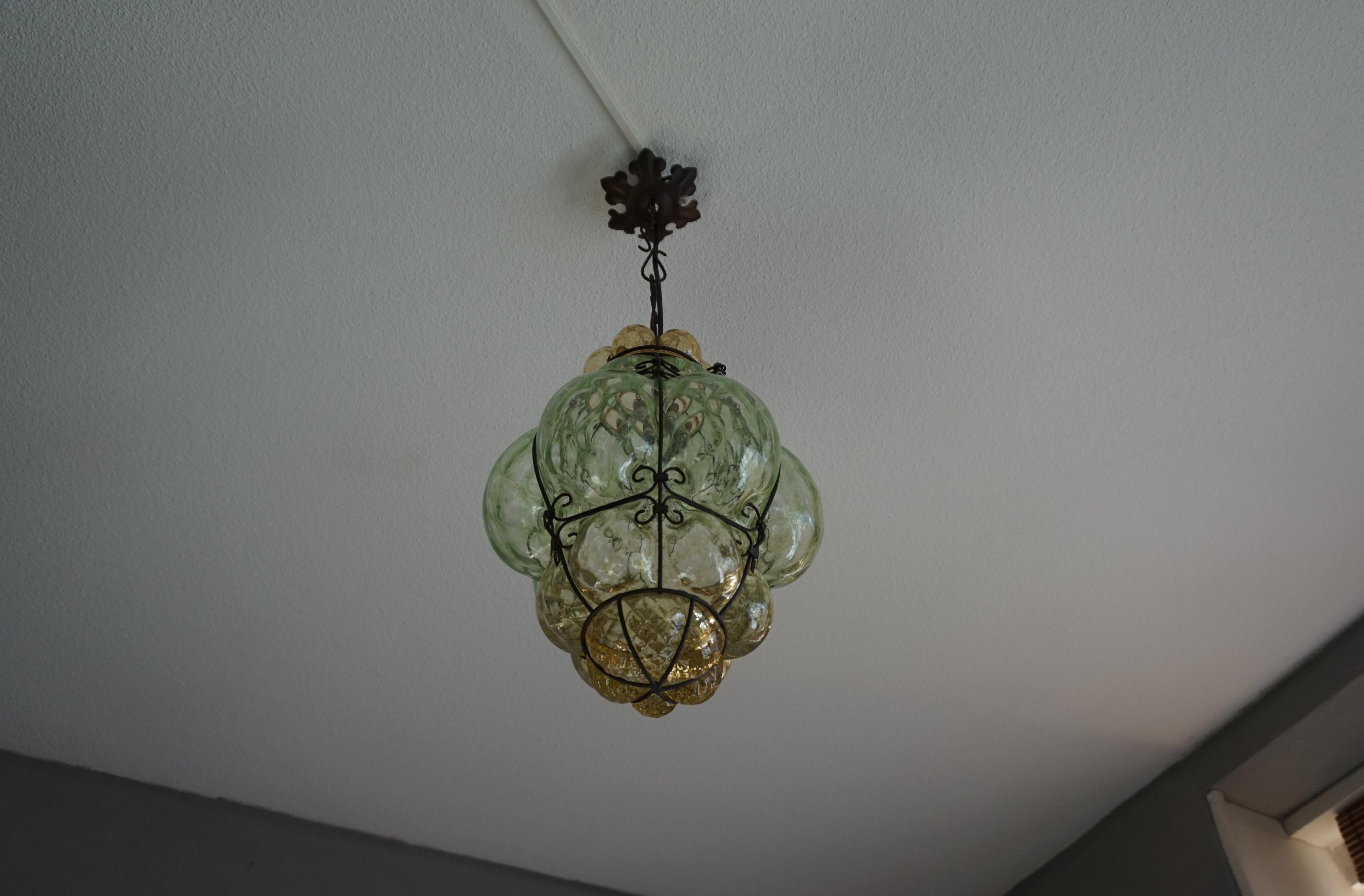 Italian Antique and Rare Venetian Mouth Blown Green and Amber Glass Pendant / Chandelier For Sale