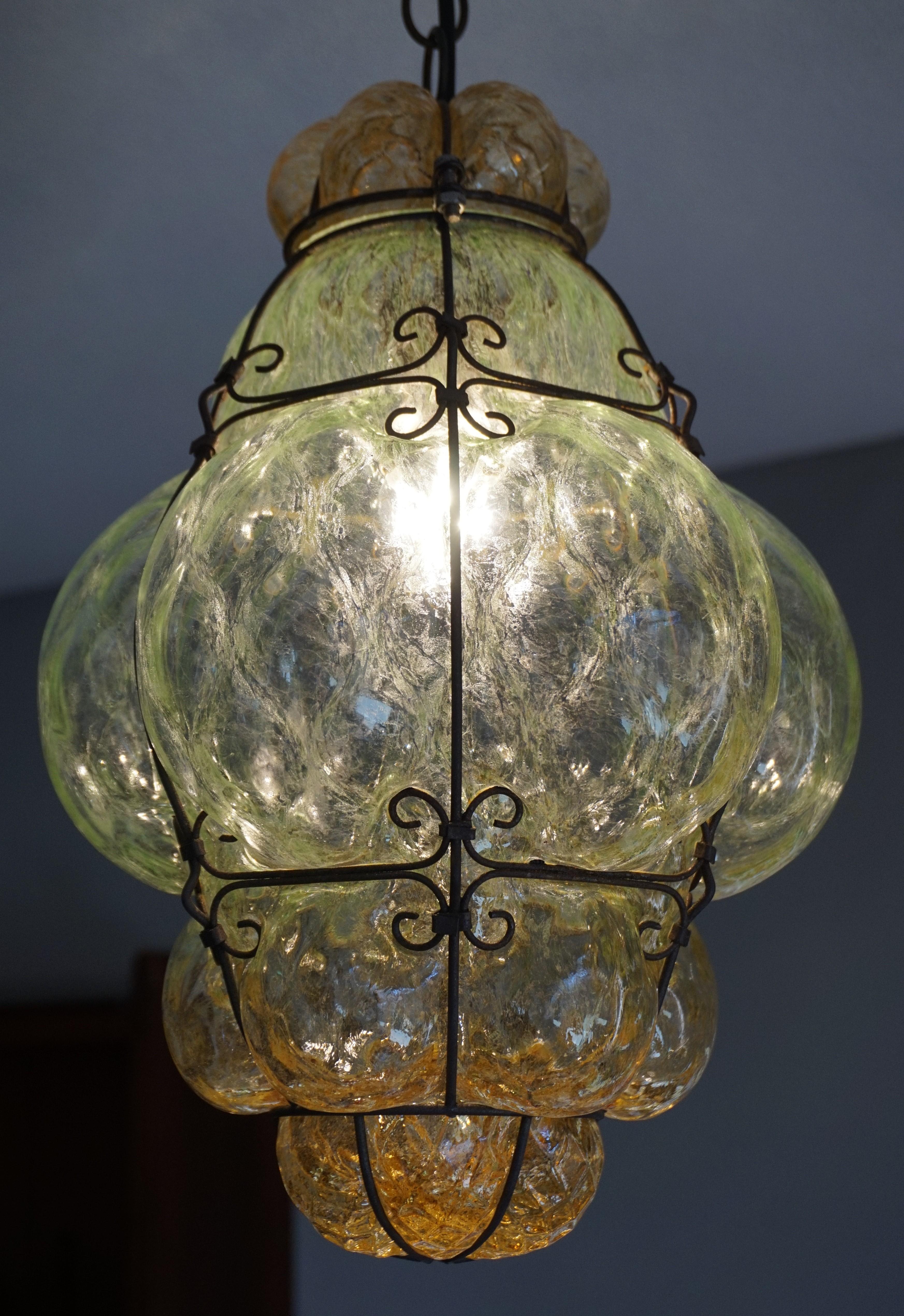 Hand-Crafted Antique and Rare Venetian Mouth Blown Green and Amber Glass Pendant / Chandelier