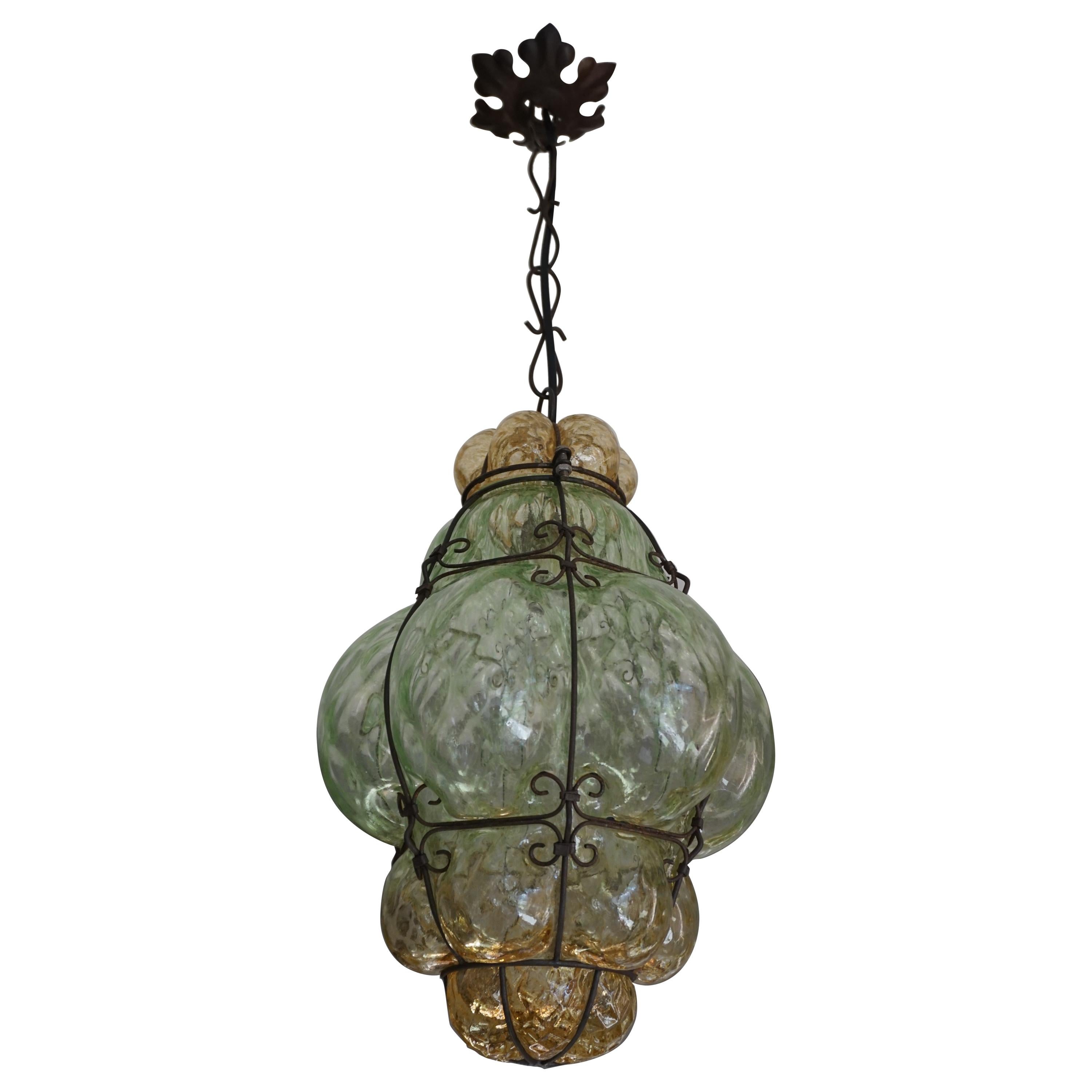 B48R Mouth-Blown Clear Glass Wrought Iron French Style Hanging Lamp 
