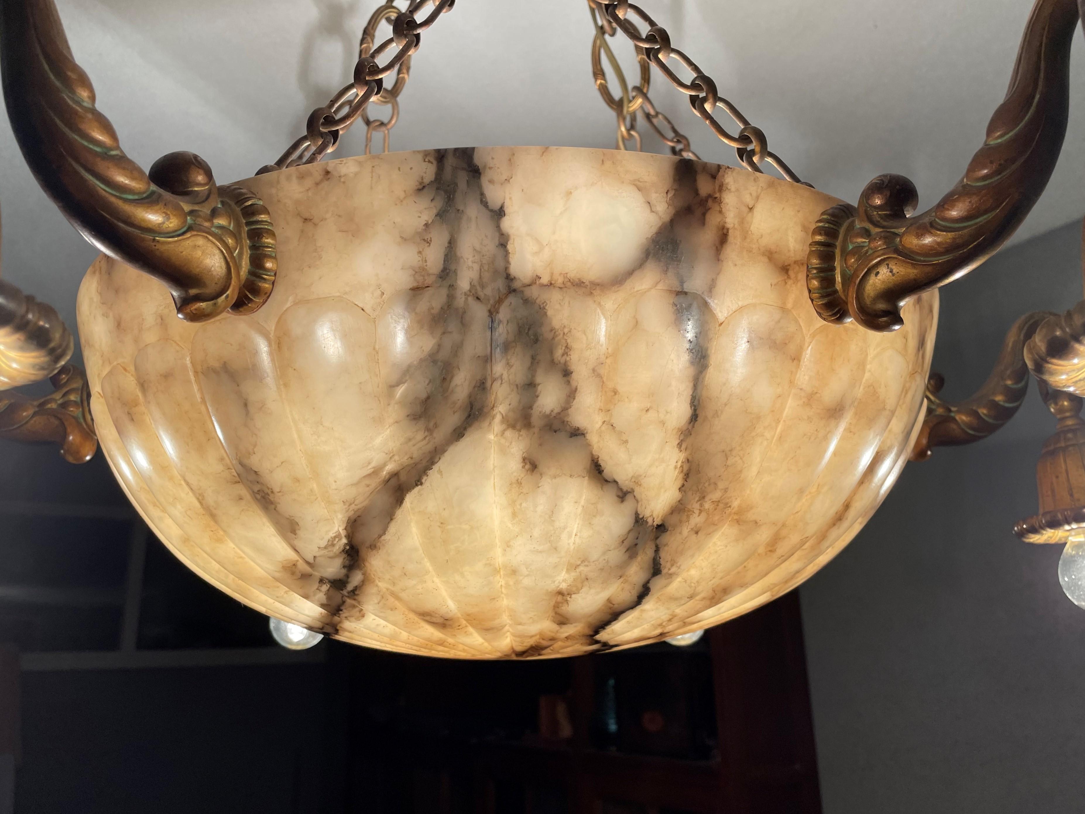 Antique and Stunning Gilt Bronze and Large Alabaster Shade Pendant / Chandelier For Sale 4