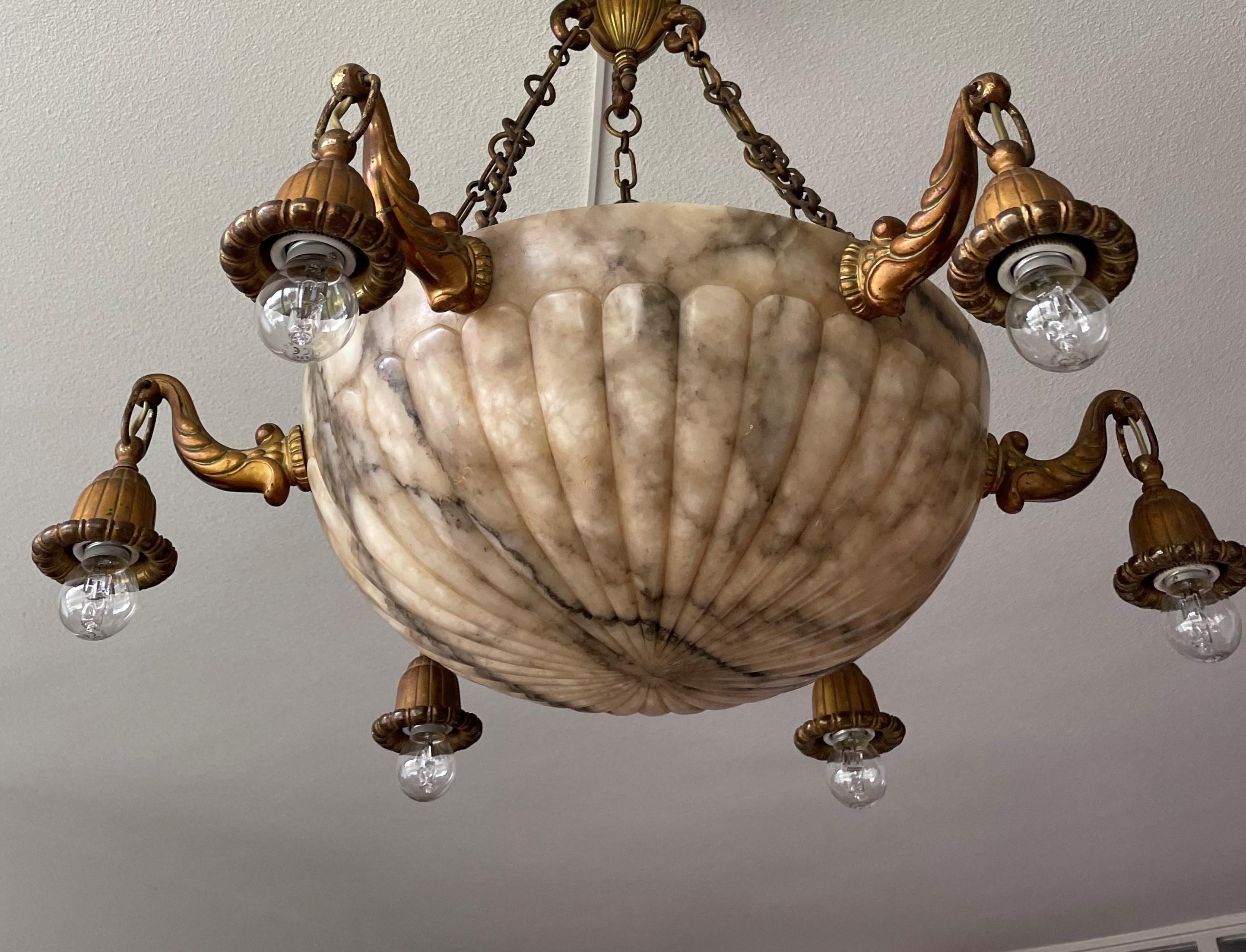 Antique and Stunning Gilt Bronze and Large Alabaster Shade Pendant / Chandelier 5
