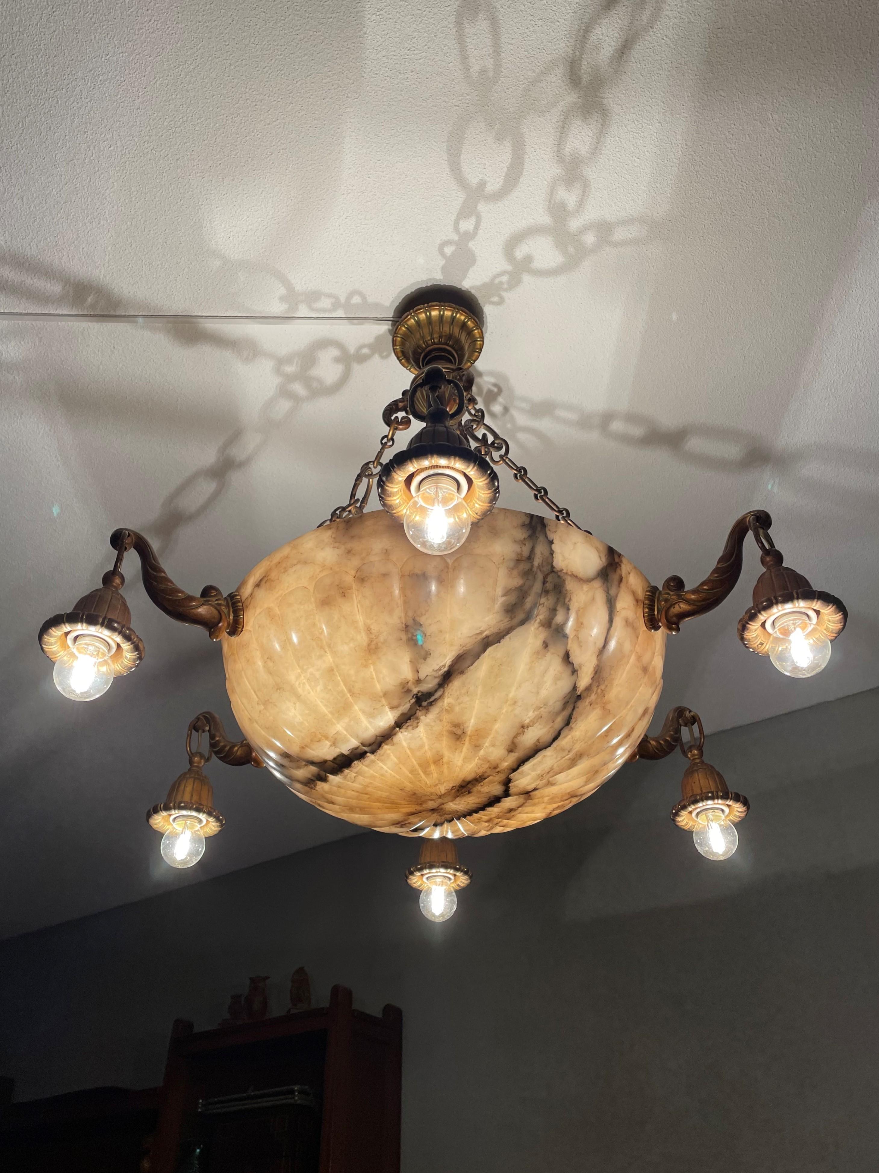 Antique and Stunning Gilt Bronze and Large Alabaster Shade Pendant / Chandelier For Sale 6