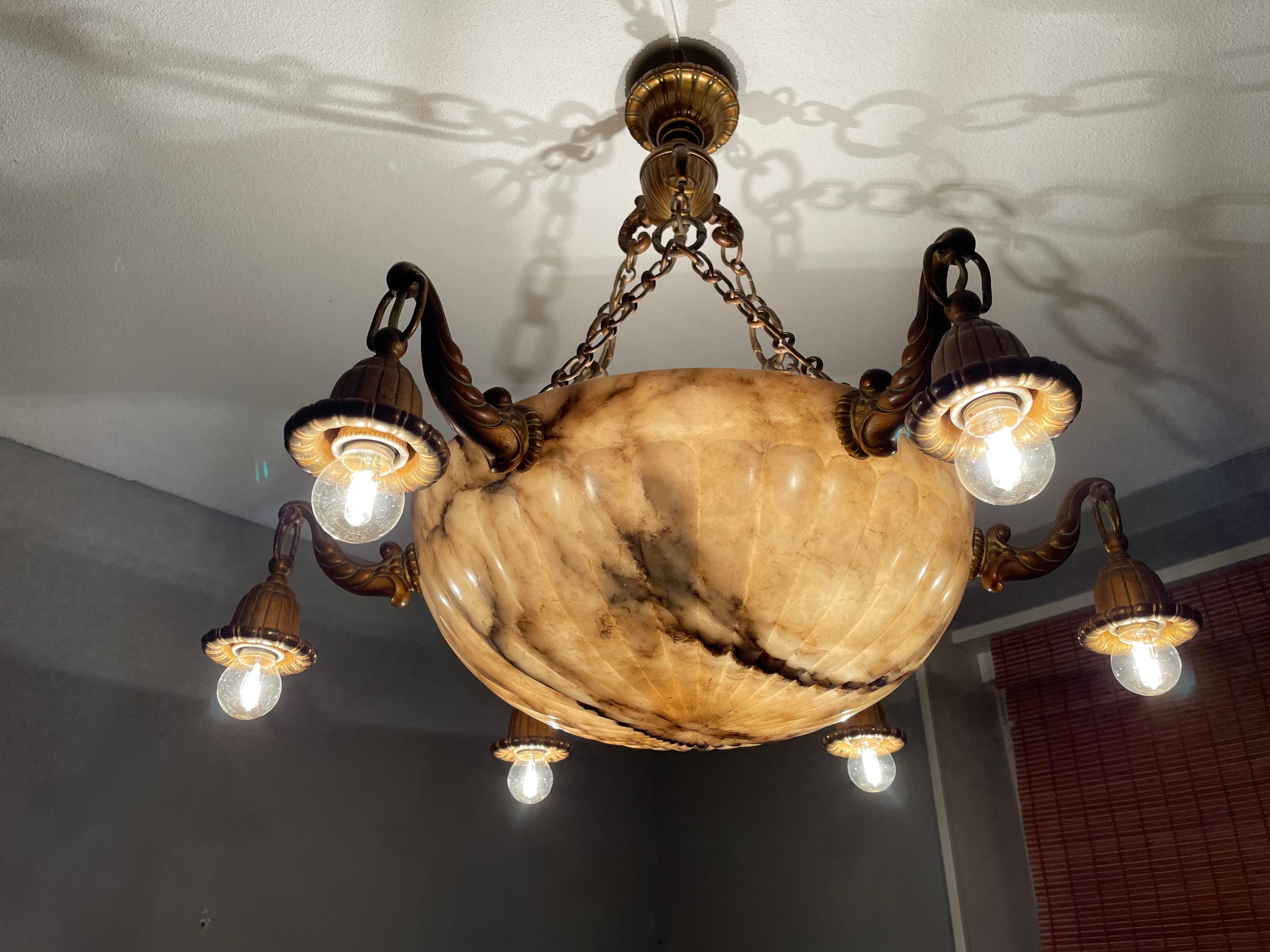 Antique and Stunning Gilt Bronze and Large Alabaster Shade Pendant / Chandelier For Sale 7