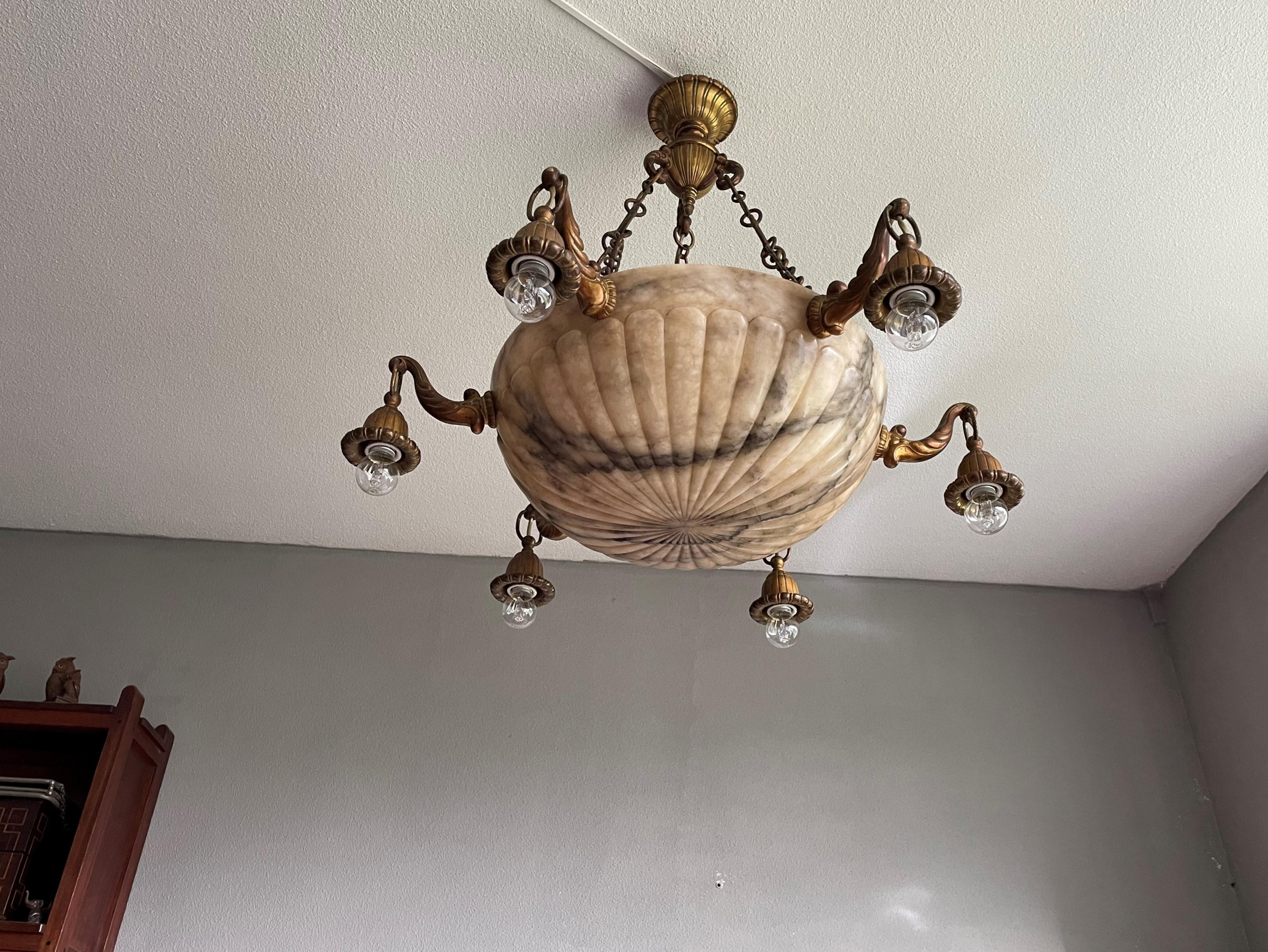 Antique and Stunning Gilt Bronze and Large Alabaster Shade Pendant / Chandelier For Sale 8