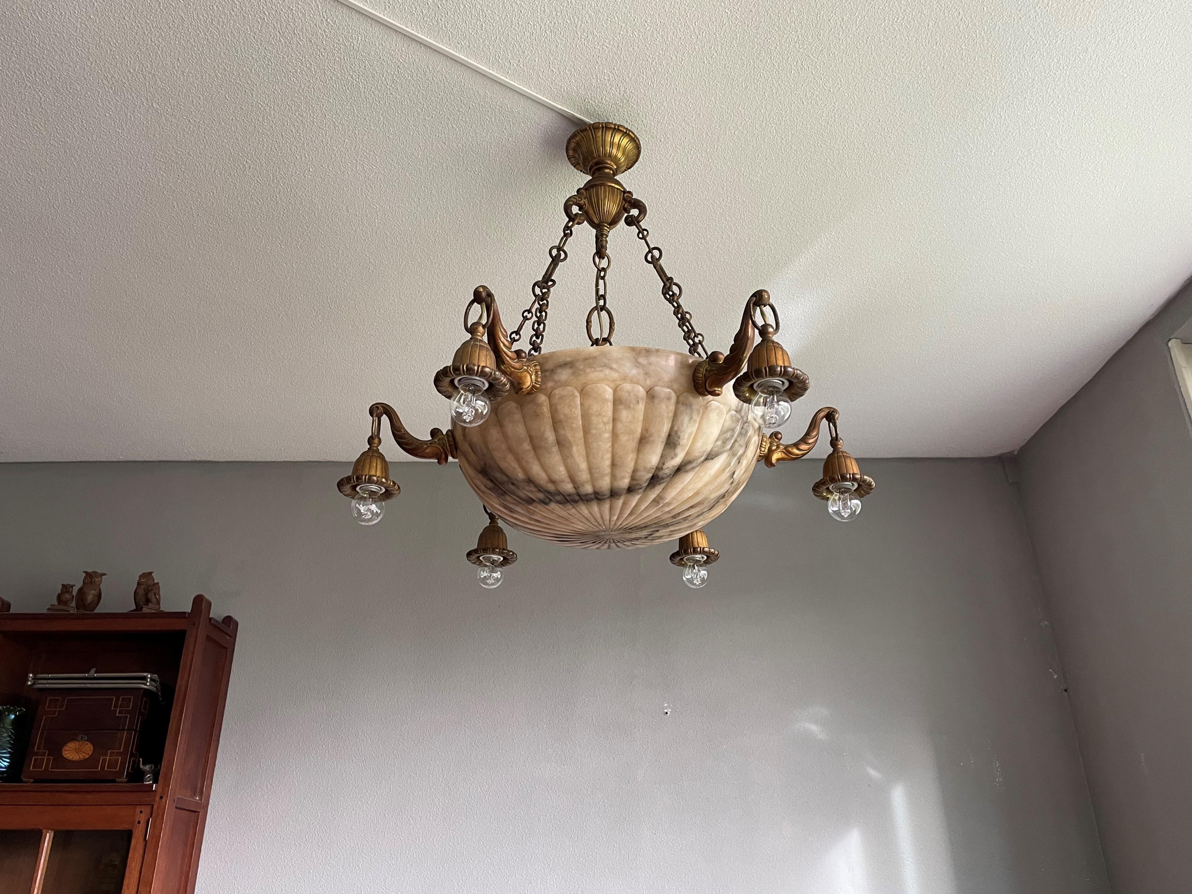 Antique and Stunning Gilt Bronze and Large Alabaster Shade Pendant / Chandelier For Sale 10