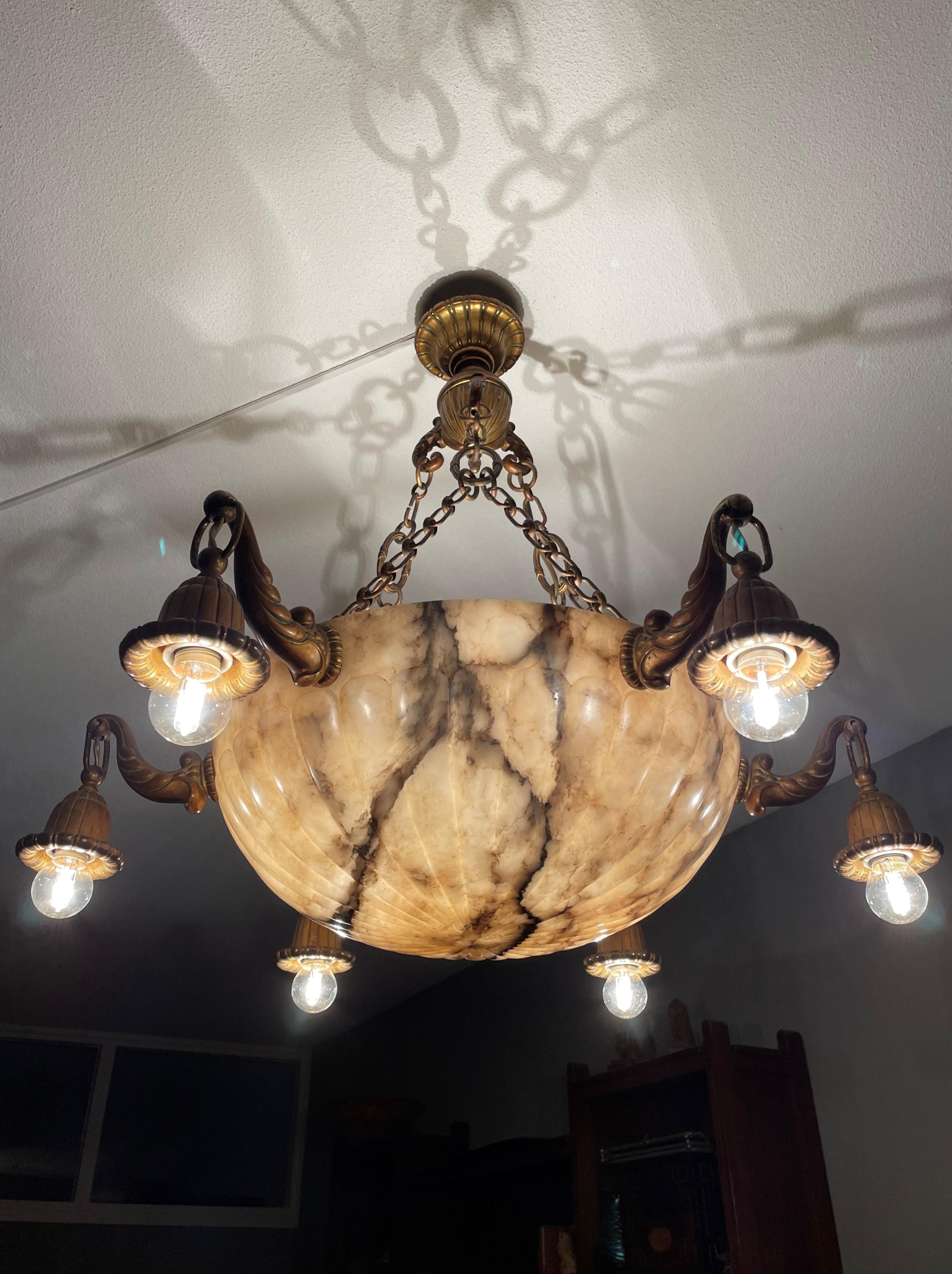 Antique and Stunning Gilt Bronze and Large Alabaster Shade Pendant / Chandelier For Sale 11