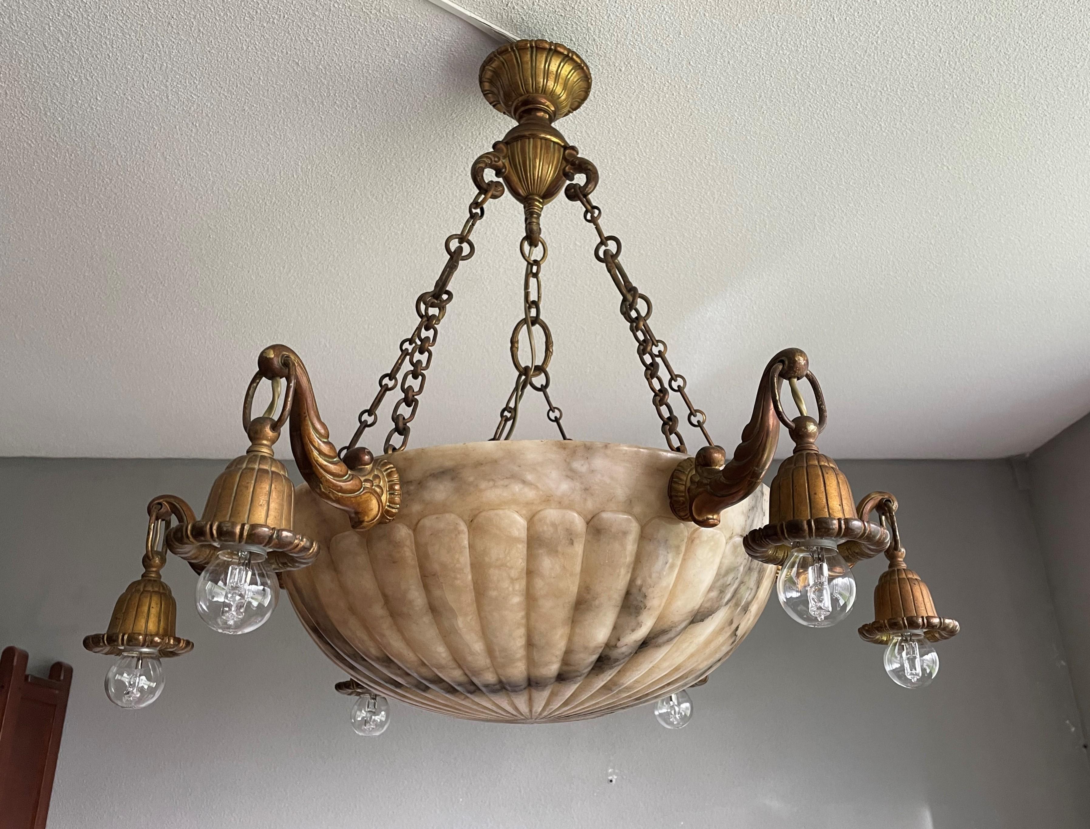 Antique and Stunning Gilt Bronze and Large Alabaster Shade Pendant / Chandelier For Sale 12