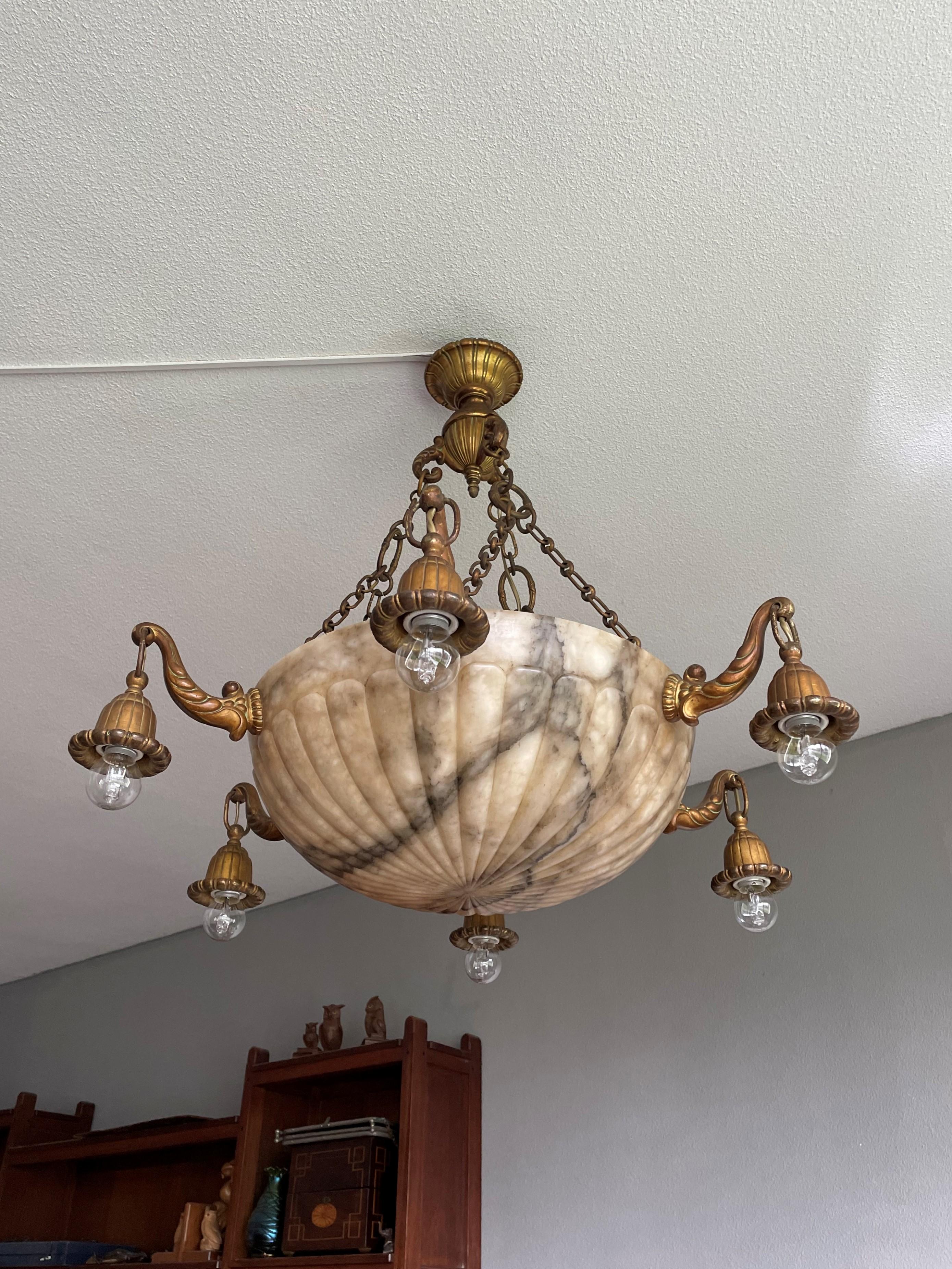 Classical Roman Antique and Stunning Gilt Bronze and Large Alabaster Shade Pendant / Chandelier For Sale
