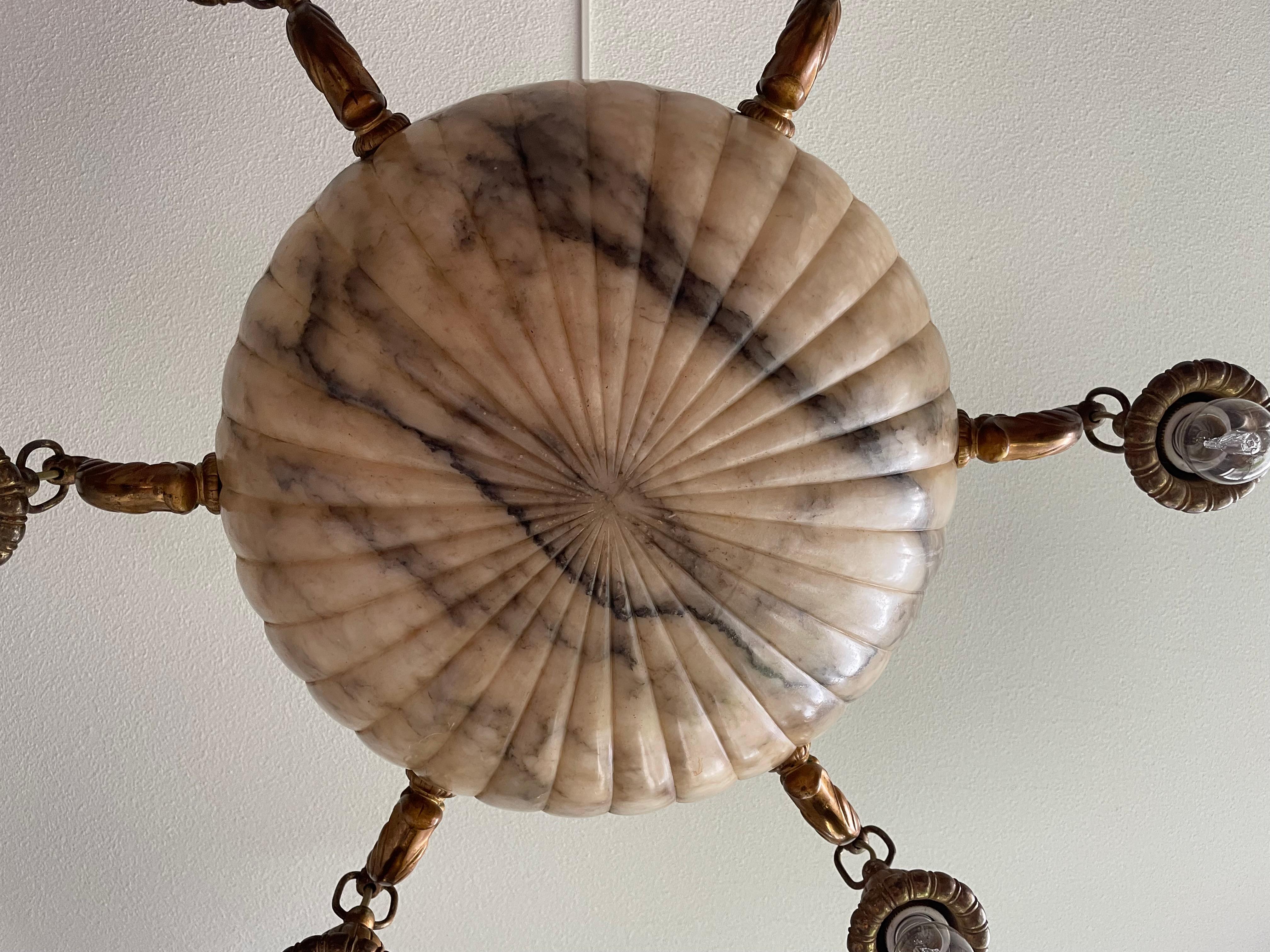 Cast Antique and Stunning Gilt Bronze and Large Alabaster Shade Pendant / Chandelier For Sale