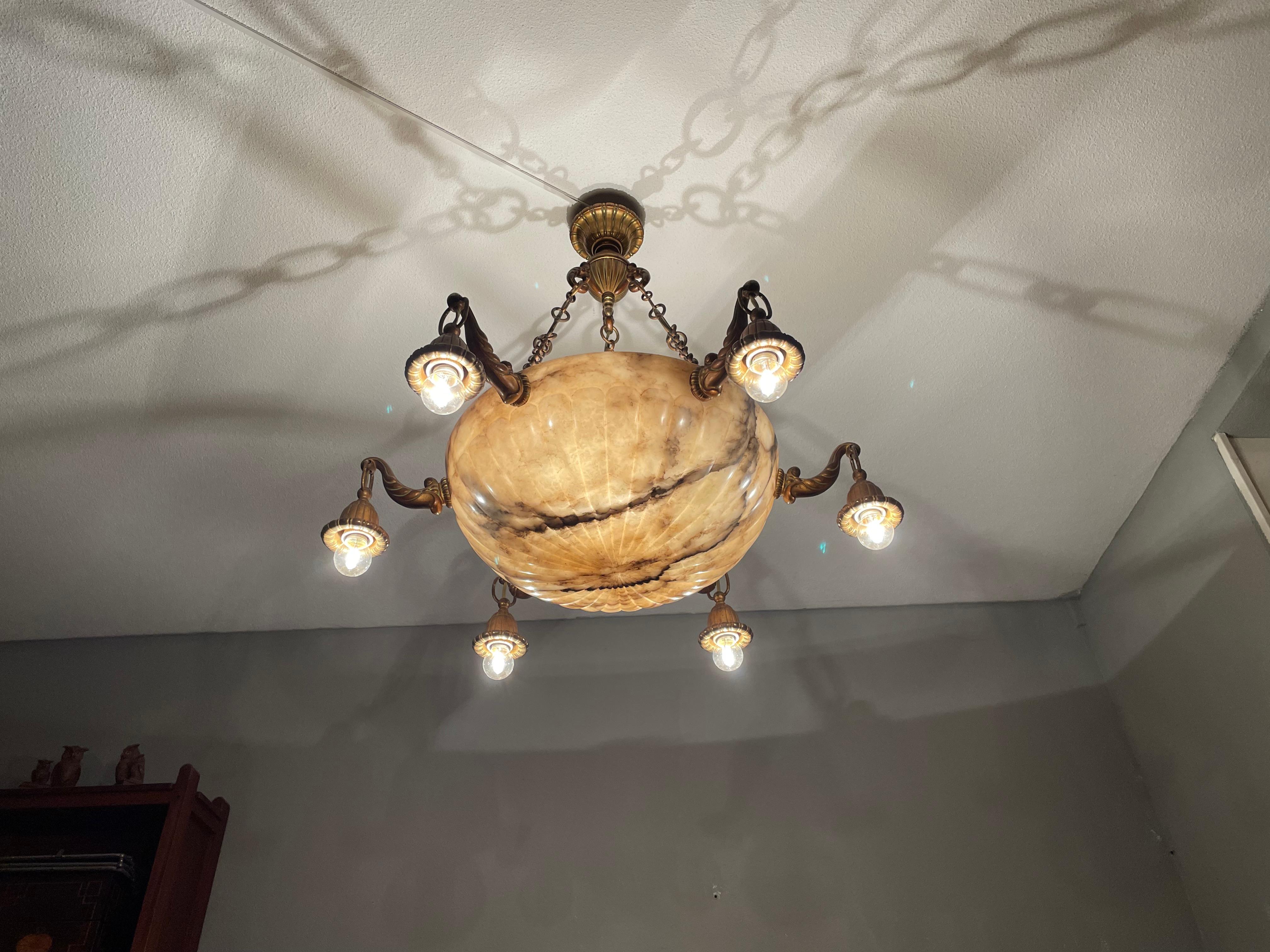 Antique and Stunning Gilt Bronze and Large Alabaster Shade Pendant / Chandelier For Sale 1