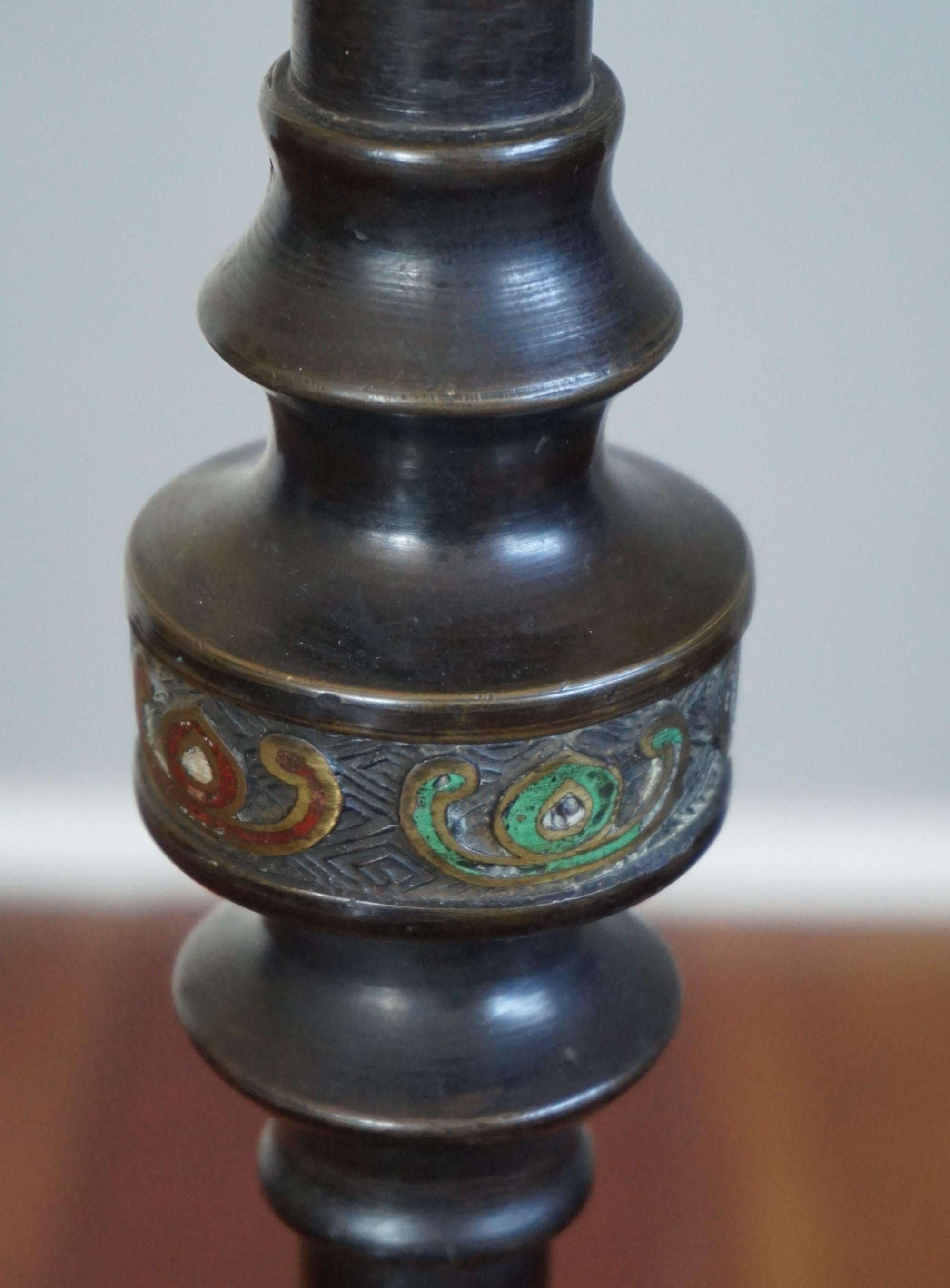 Antique and Stylish Japanese Meiji Era Bronze Floor Lamp with Cloisonné Inlay 6