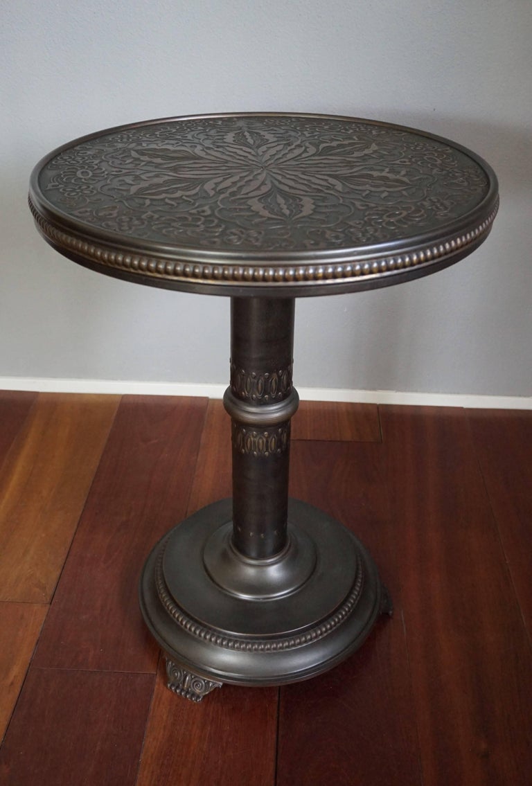 Antique and Unique Arts and Crafts Embossed Brass Table with Stylized Owl Feet For Sale at 1stdibs