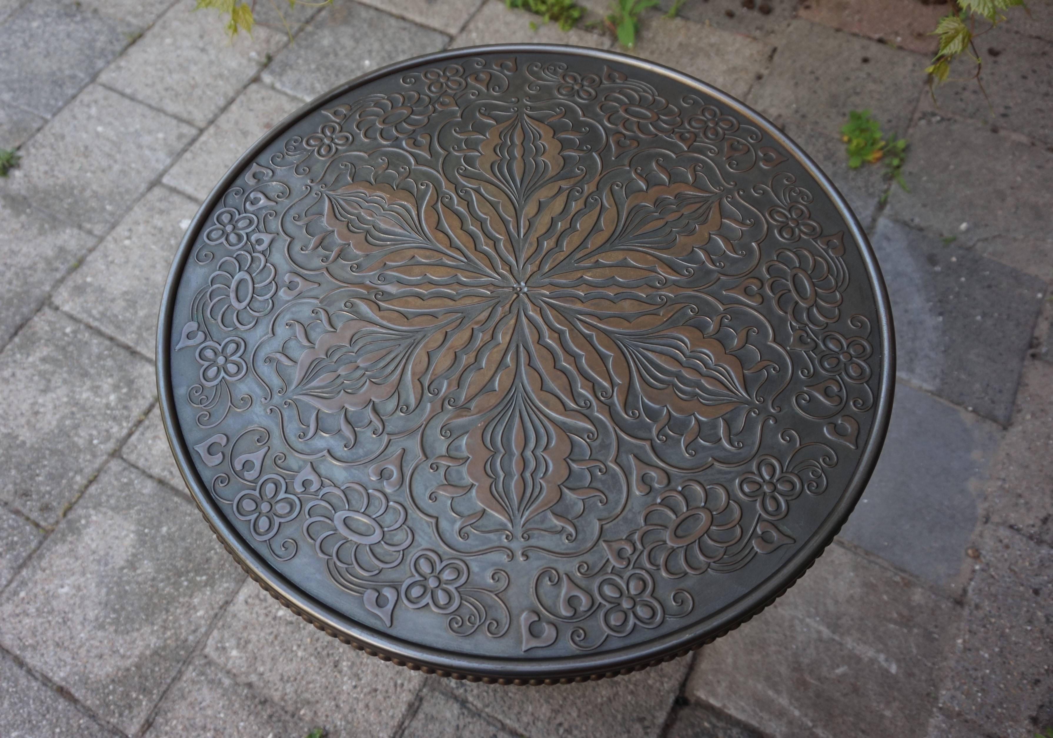 Arts and Crafts Antique and Unique Arts & Crafts Embossed Brass Table with Stylized Owl Feet