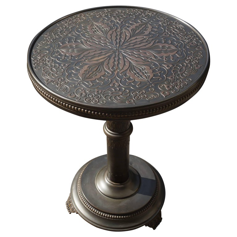 Antique and Unique Arts and Crafts Embossed Brass Table with Stylized Owl Feet For Sale at 1stdibs
