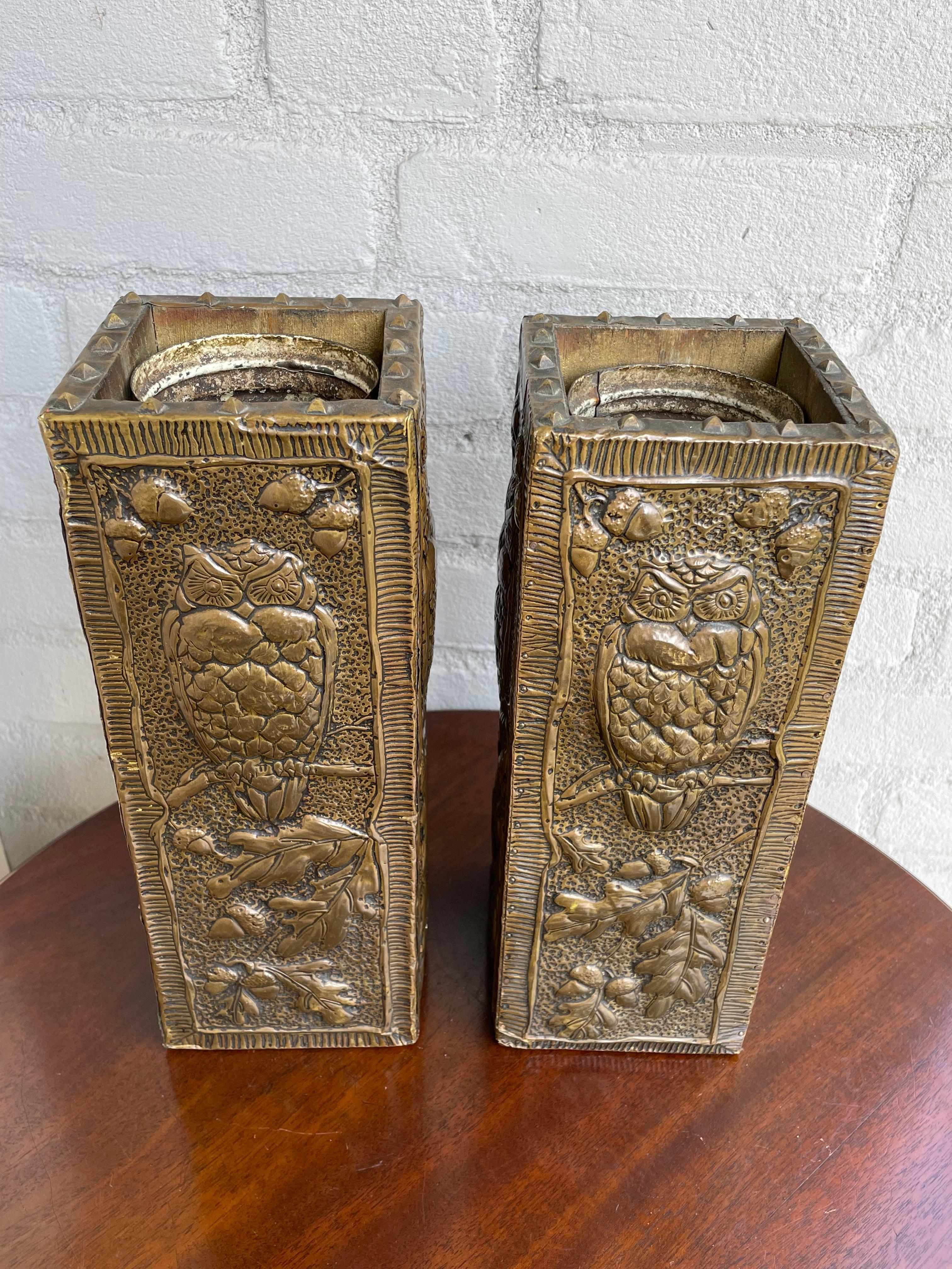 20th Century Antique and Unique Arts & Crafts Pair of Embossed Brass Vases w. Owl Sculptures For Sale