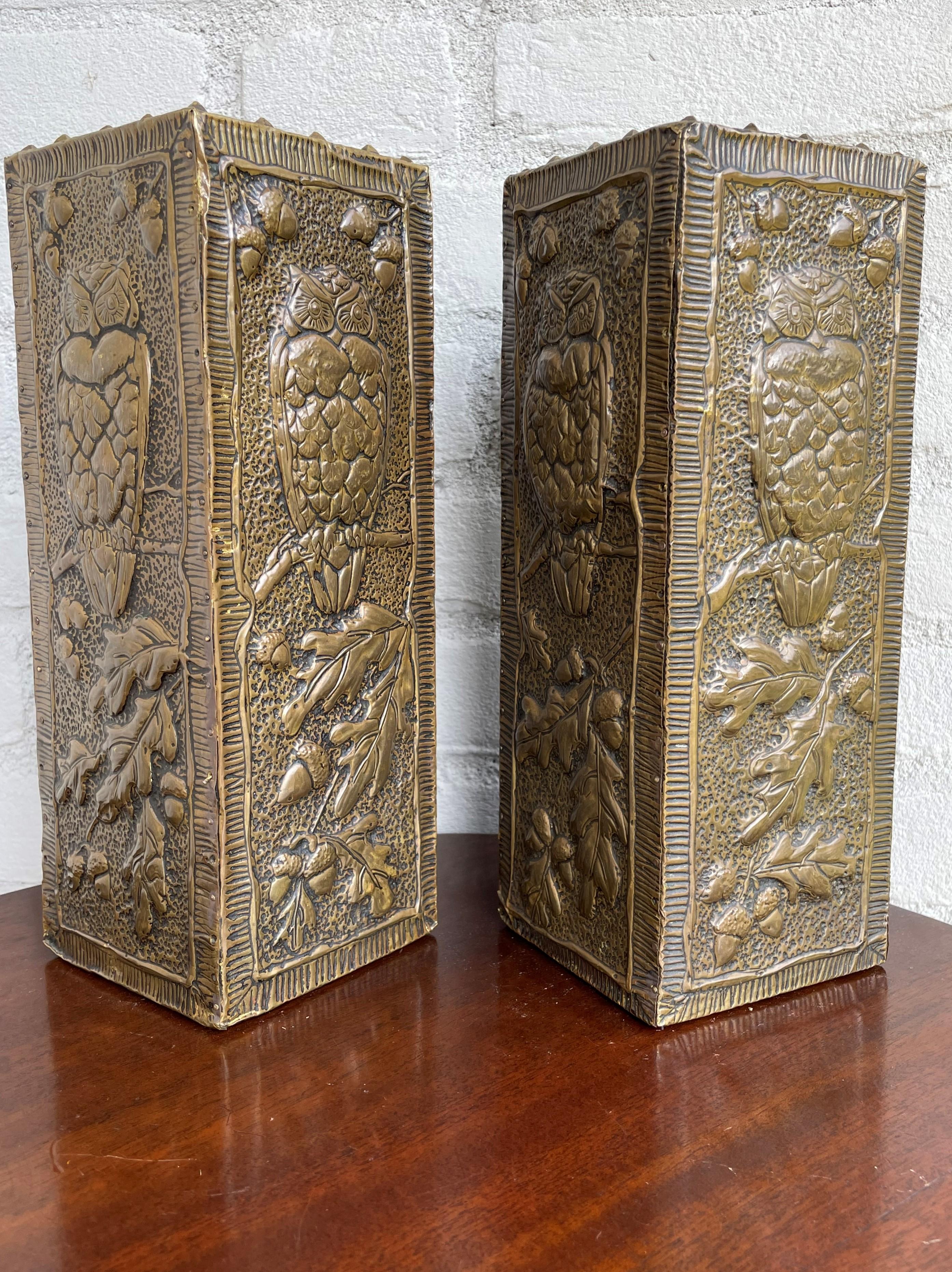 Antique and Unique Arts & Crafts Pair of Embossed Brass Vases w. Owl Sculptures For Sale 2