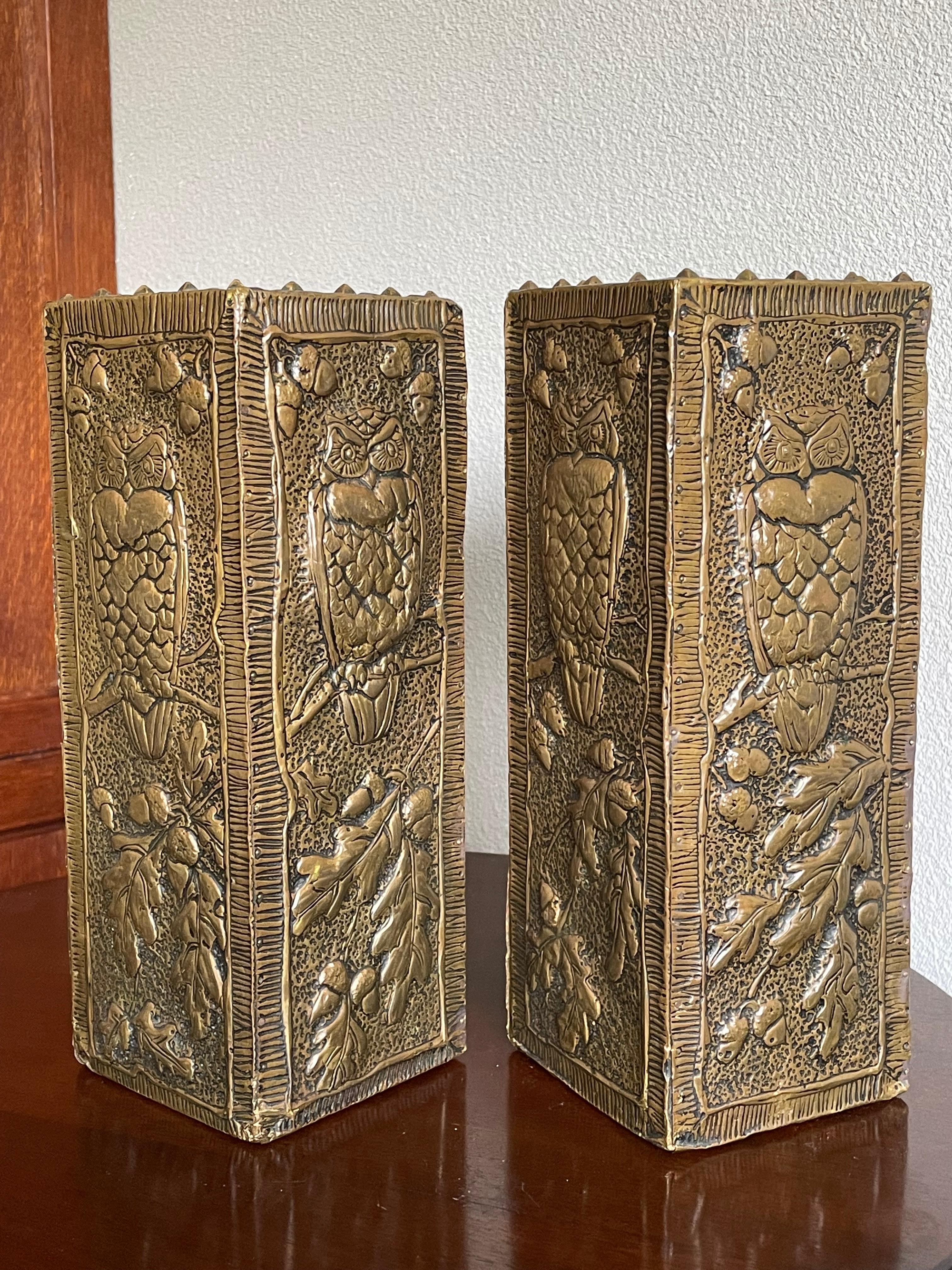 Antique and Unique Arts & Crafts Pair of Embossed Brass Vases w. Owl Sculptures For Sale 3
