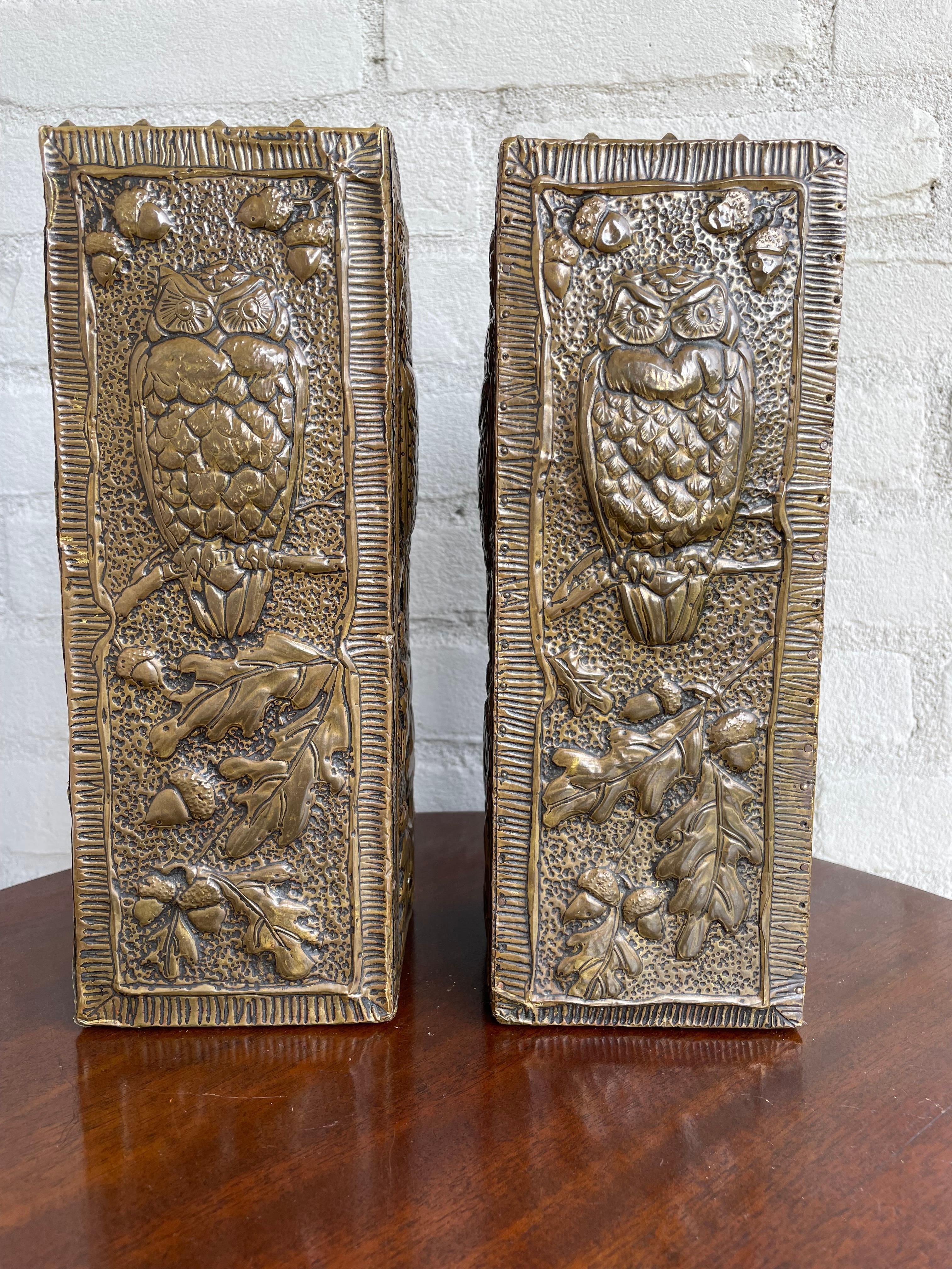 Antique and Unique Arts & Crafts Pair of Embossed Brass Vases w. Owl Sculptures For Sale 4