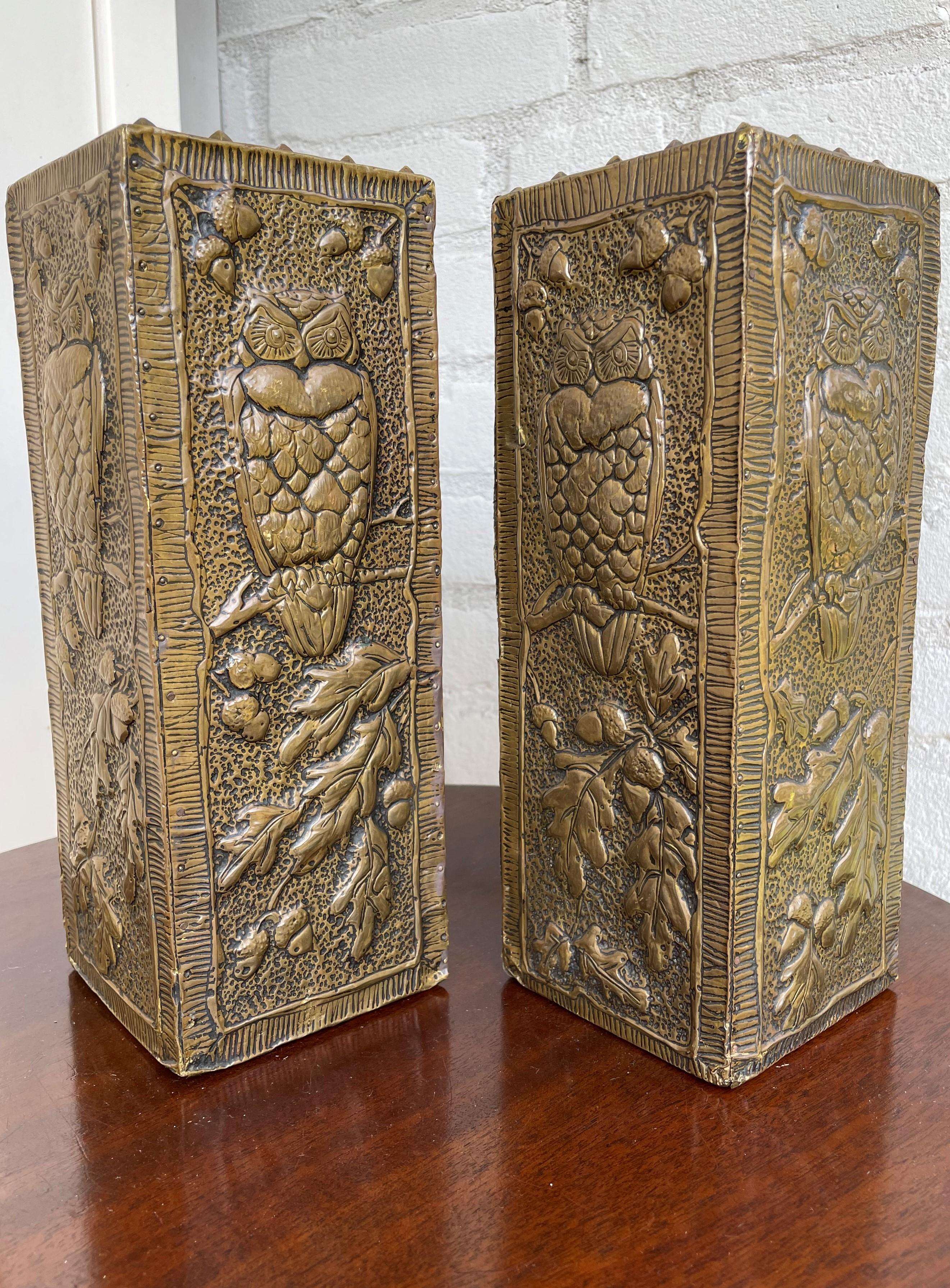 Antique and Unique Arts & Crafts Pair of Embossed Brass Vases w. Owl Sculptures For Sale 10