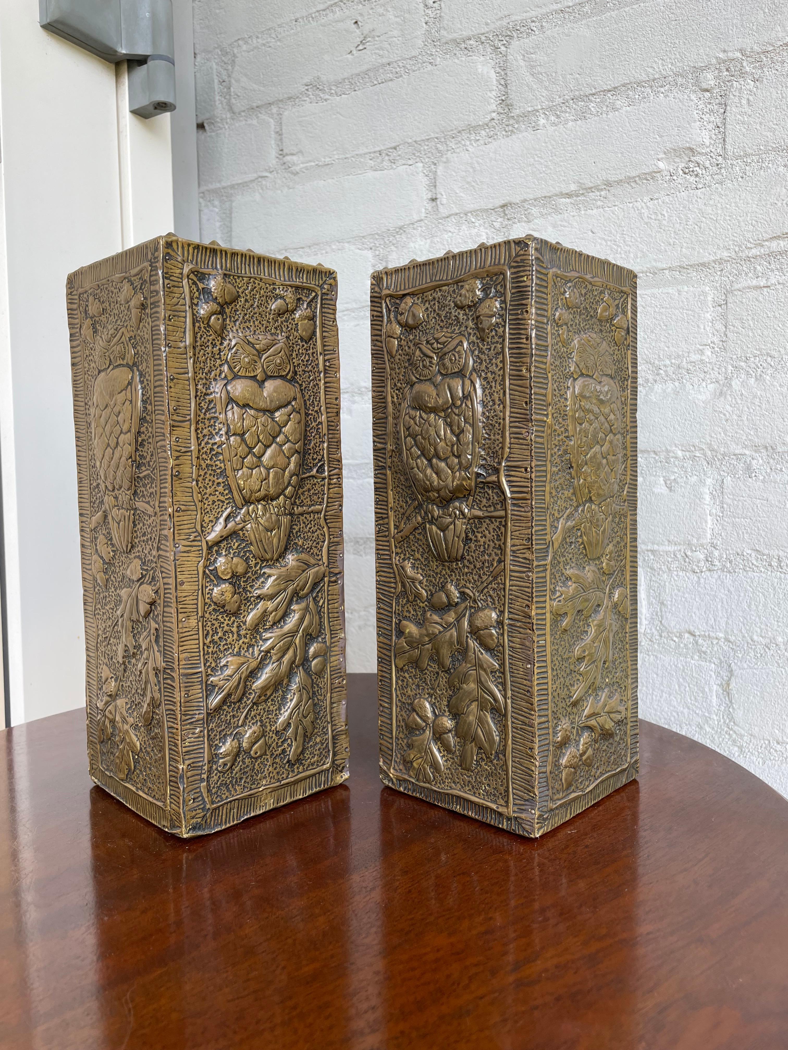 Arts and Crafts Antique and Unique Arts & Crafts Pair of Embossed Brass Vases w. Owl Sculptures For Sale