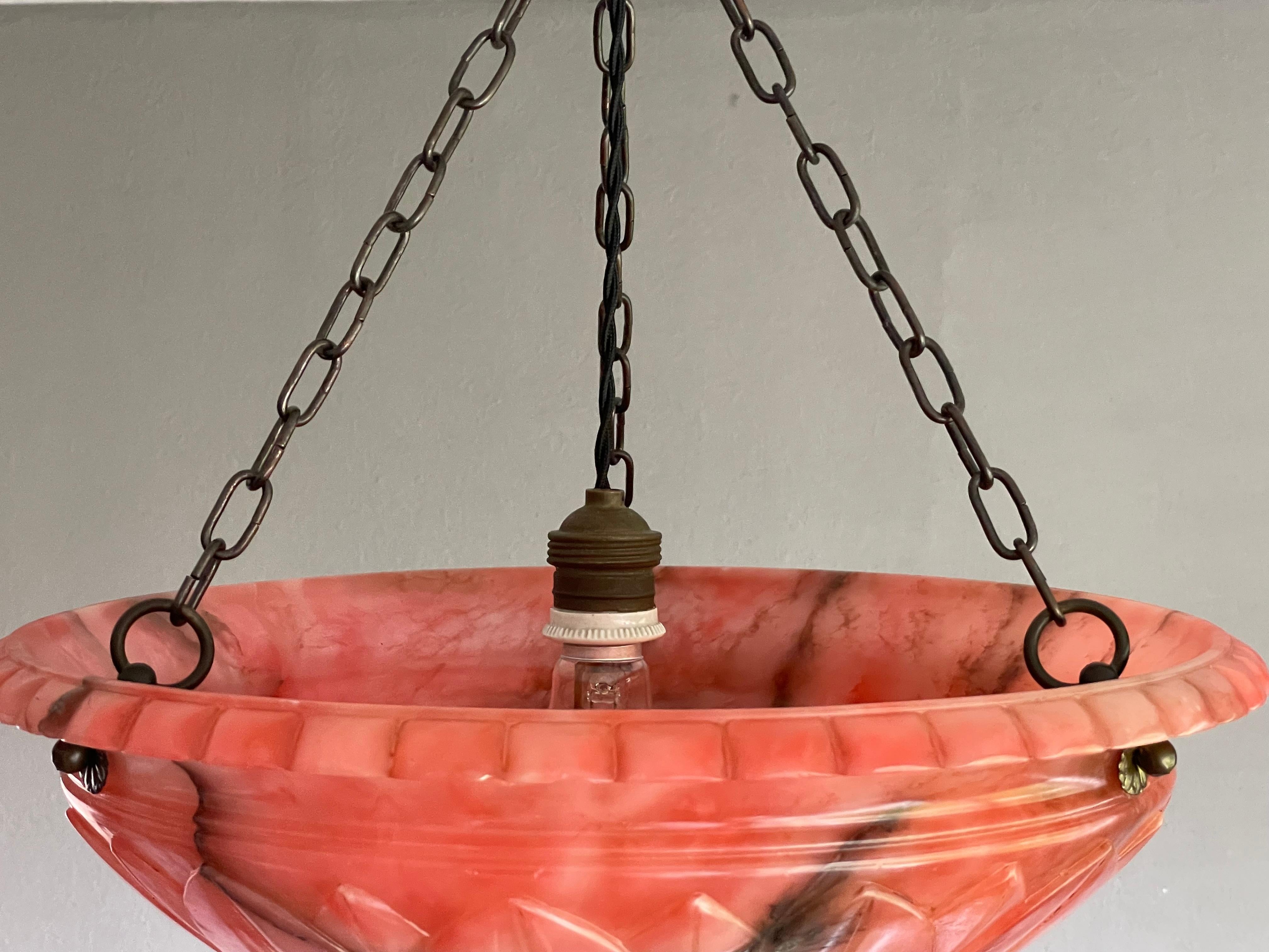 Antique and Unique Color Red Alabaster Pendant w. Adjustable Brass Canopy 1910 For Sale 3