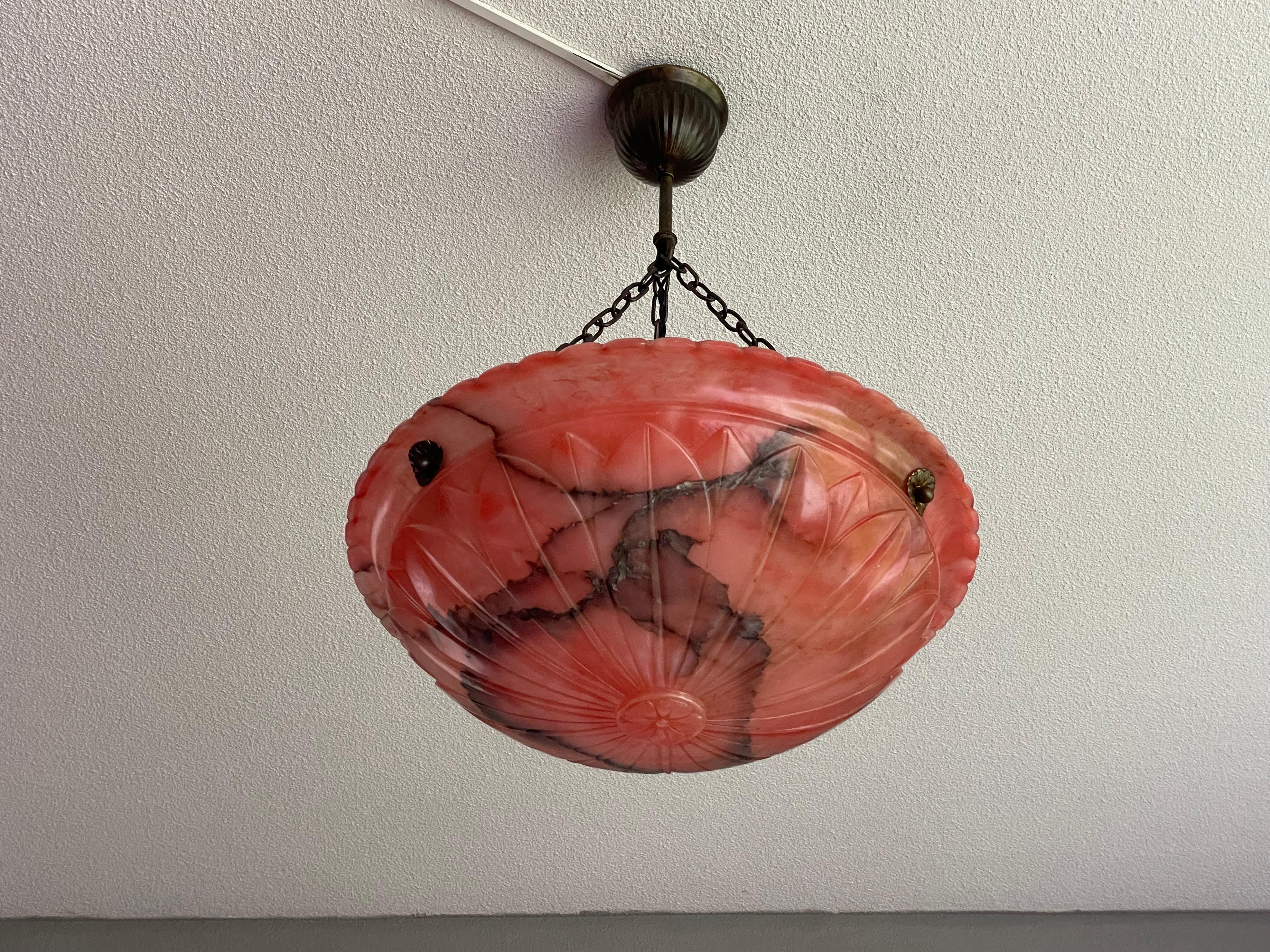 Antique and Unique Color Red Alabaster Pendant w. Adjustable Brass Canopy 1910 For Sale 4