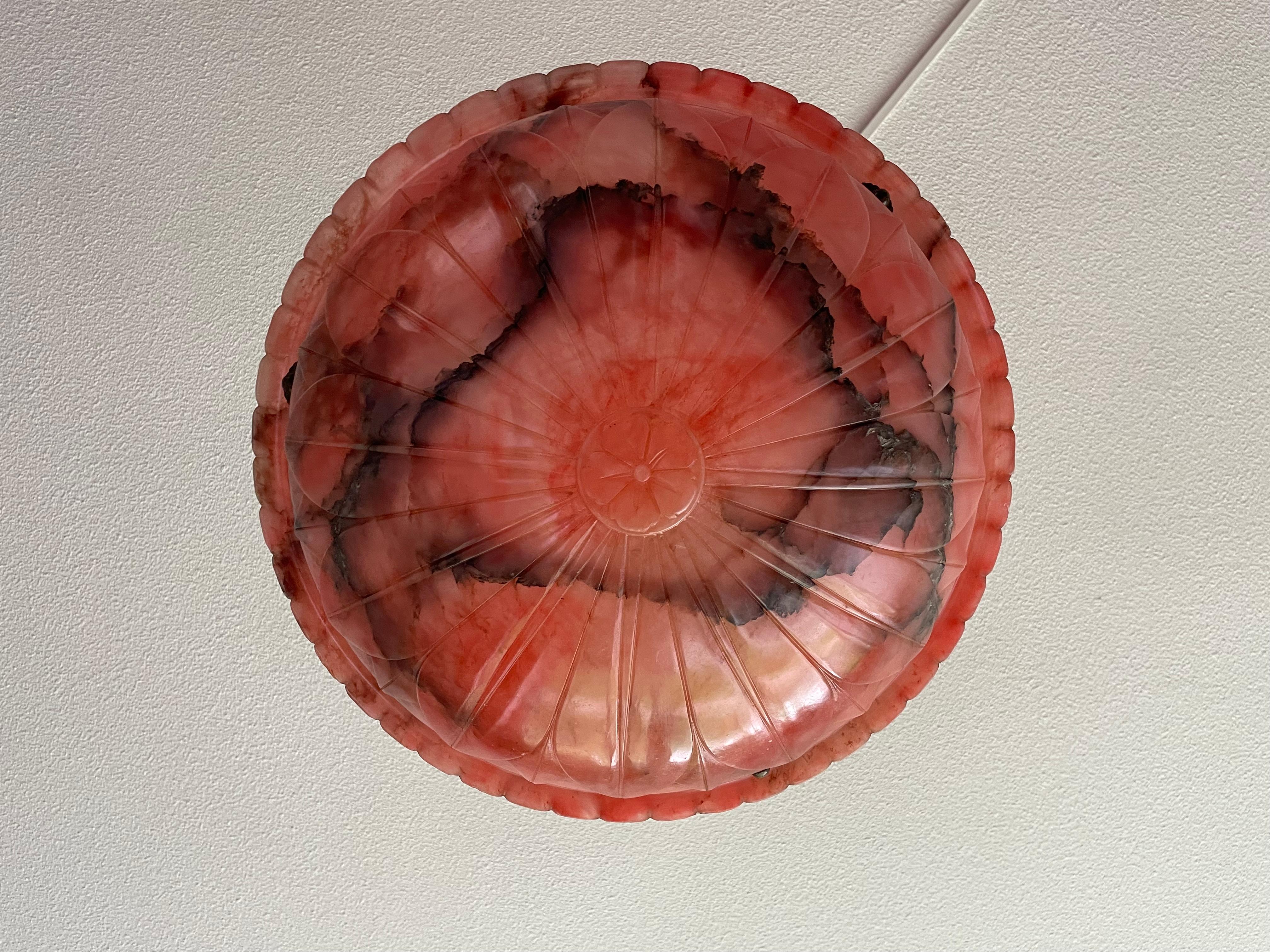 Antique and Unique Color Red Alabaster Pendant w. Adjustable Brass Canopy 1910 For Sale 6