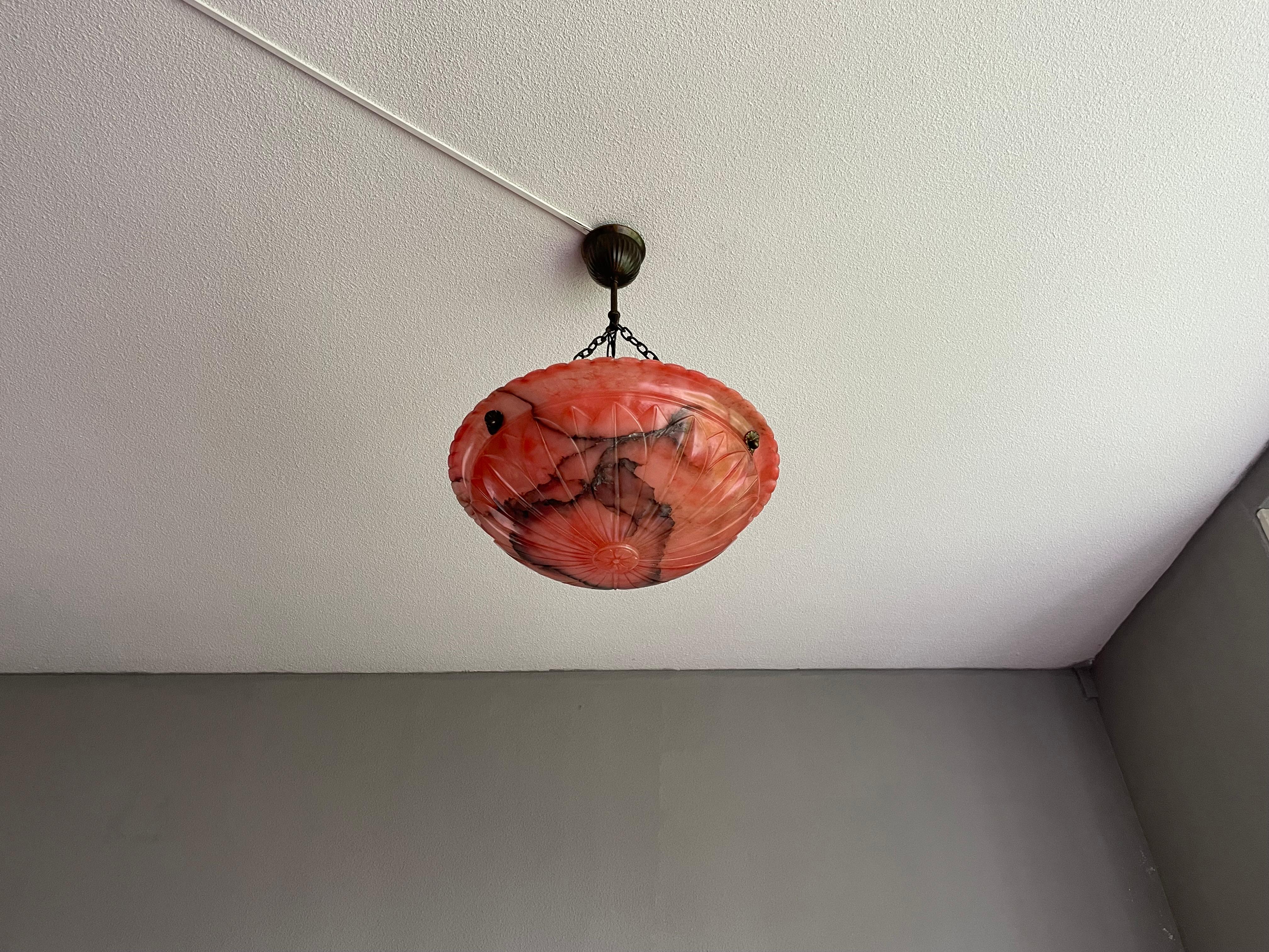 Antique and Unique Color Red Alabaster Pendant w. Adjustable Brass Canopy 1910 For Sale 10