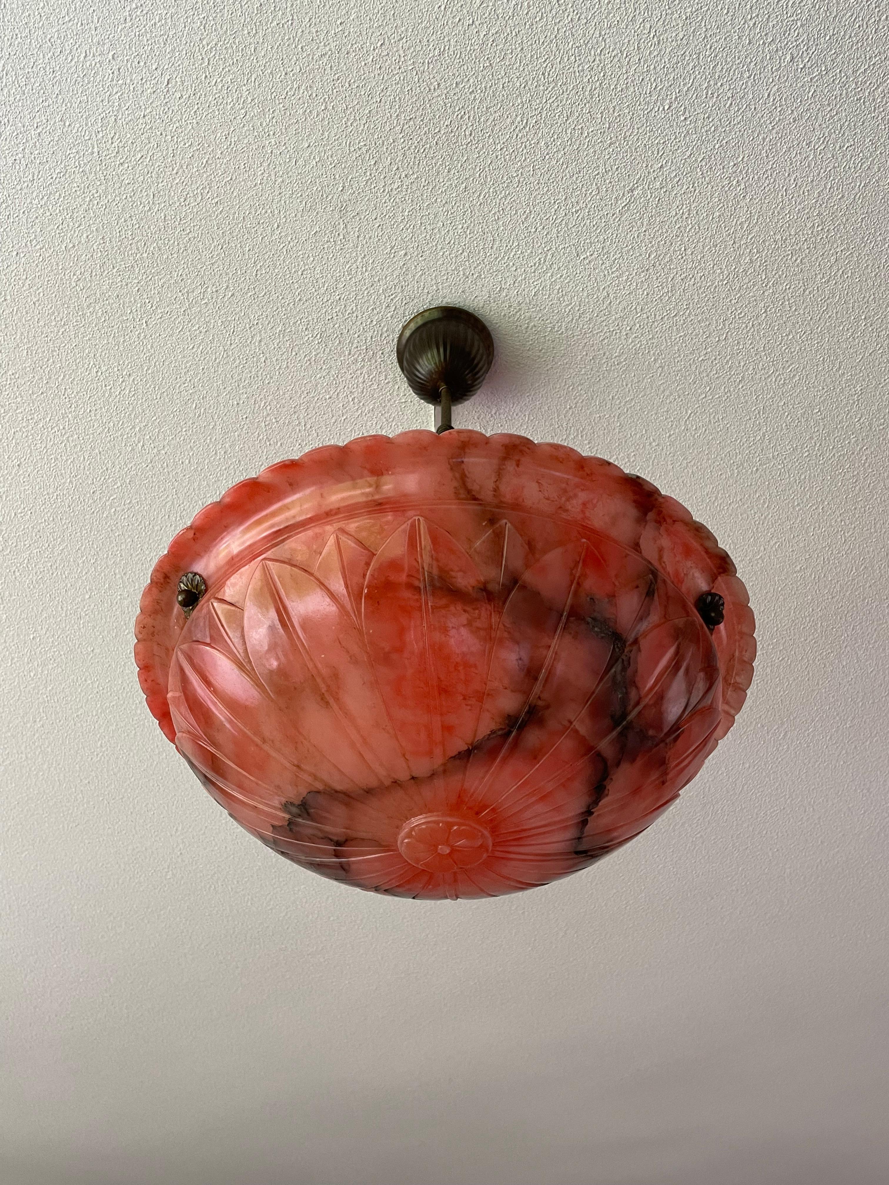 Antique and Unique Color Red Alabaster Pendant w. Adjustable Brass Canopy 1910 For Sale 12